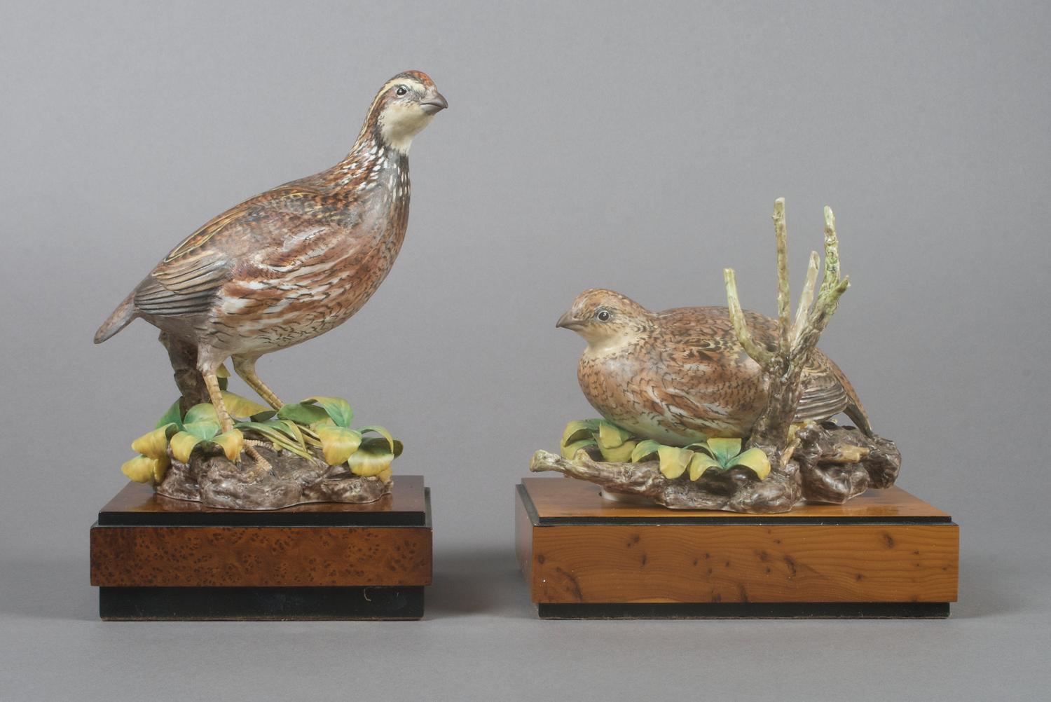 A Pair of Royal Worcester Birds, Bob White Quails, Height 8 1/4 inches.