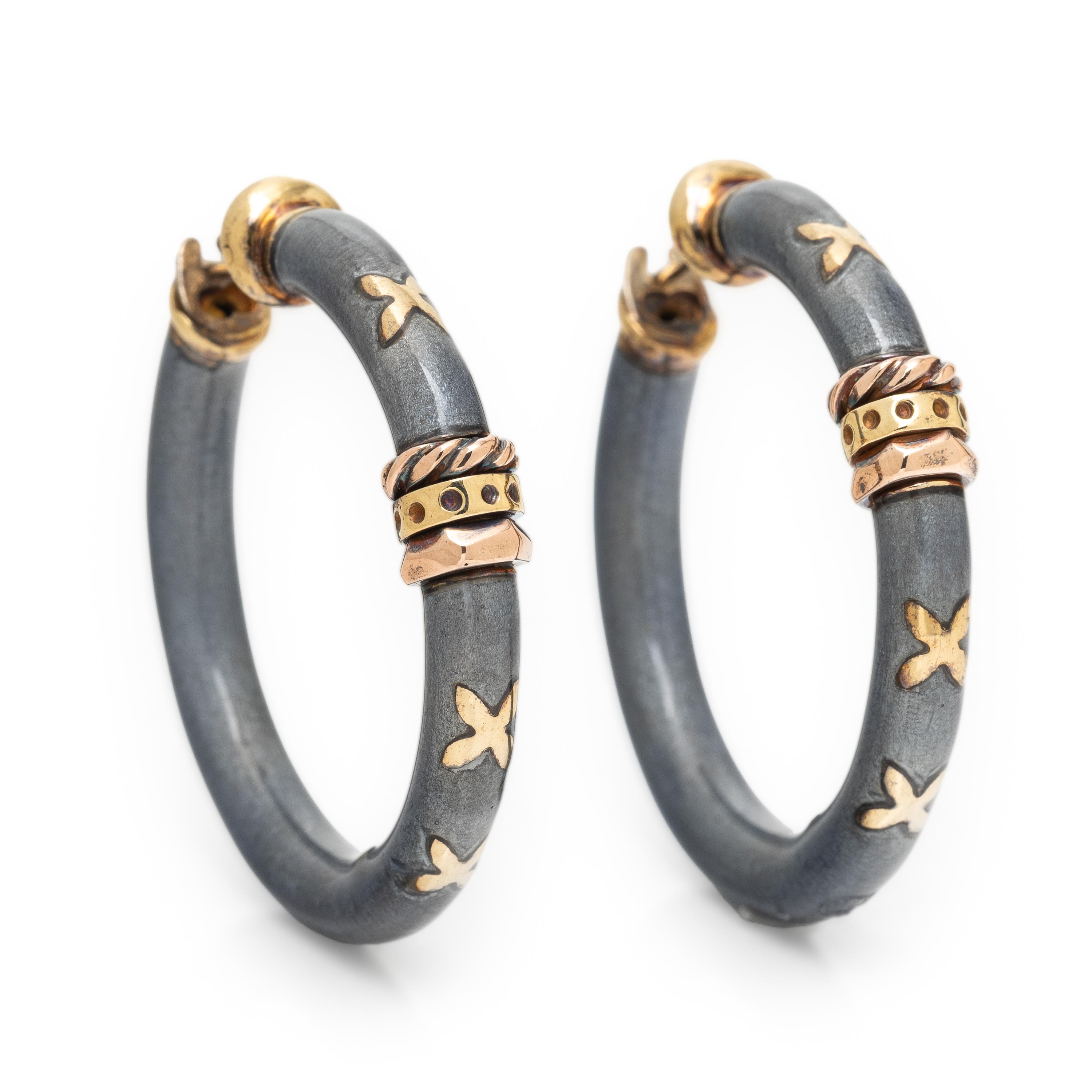 La Nouvelle Bague, Sterling Silver, Yellow Gold, and Enamel Hoop Earrings