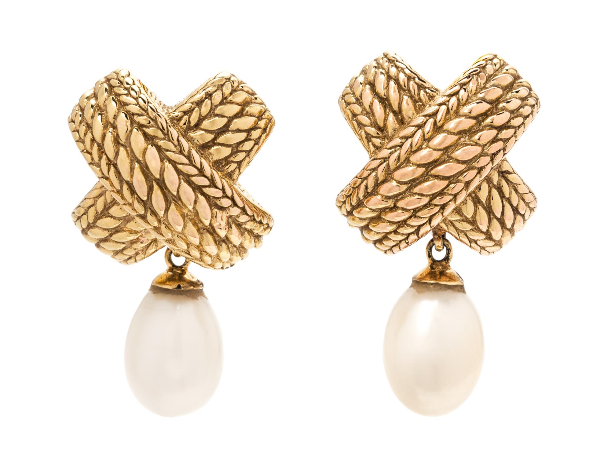 A Pair of 14 Karat Yellow Gold and Cultured Pearl Earclips, 5.00 dwts.
