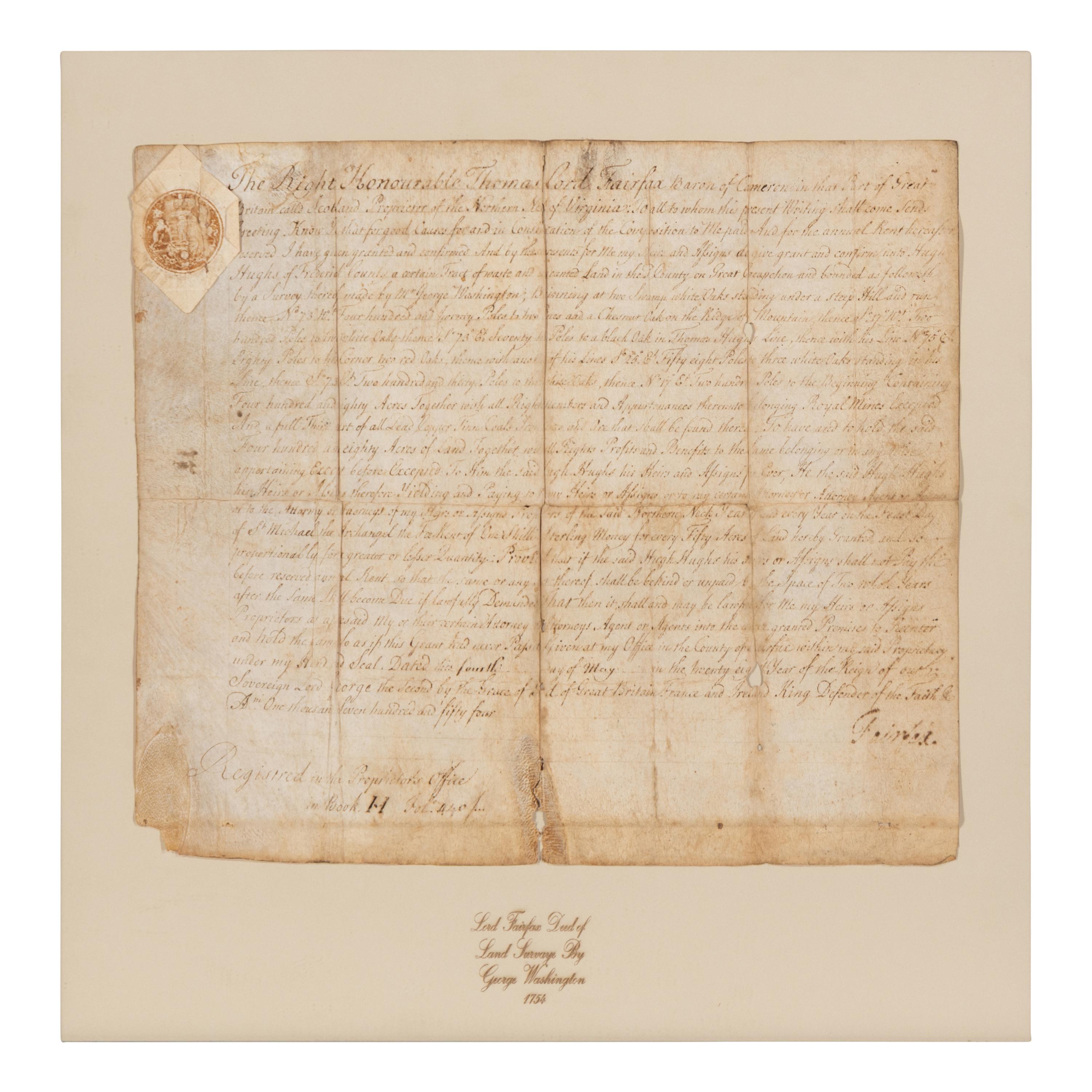 [Washington, George (1732-1799)]. Fairfax, Thomas, Lord (1693-1781). Manuscript document signed ("Fairfax"), 4 May 1754.