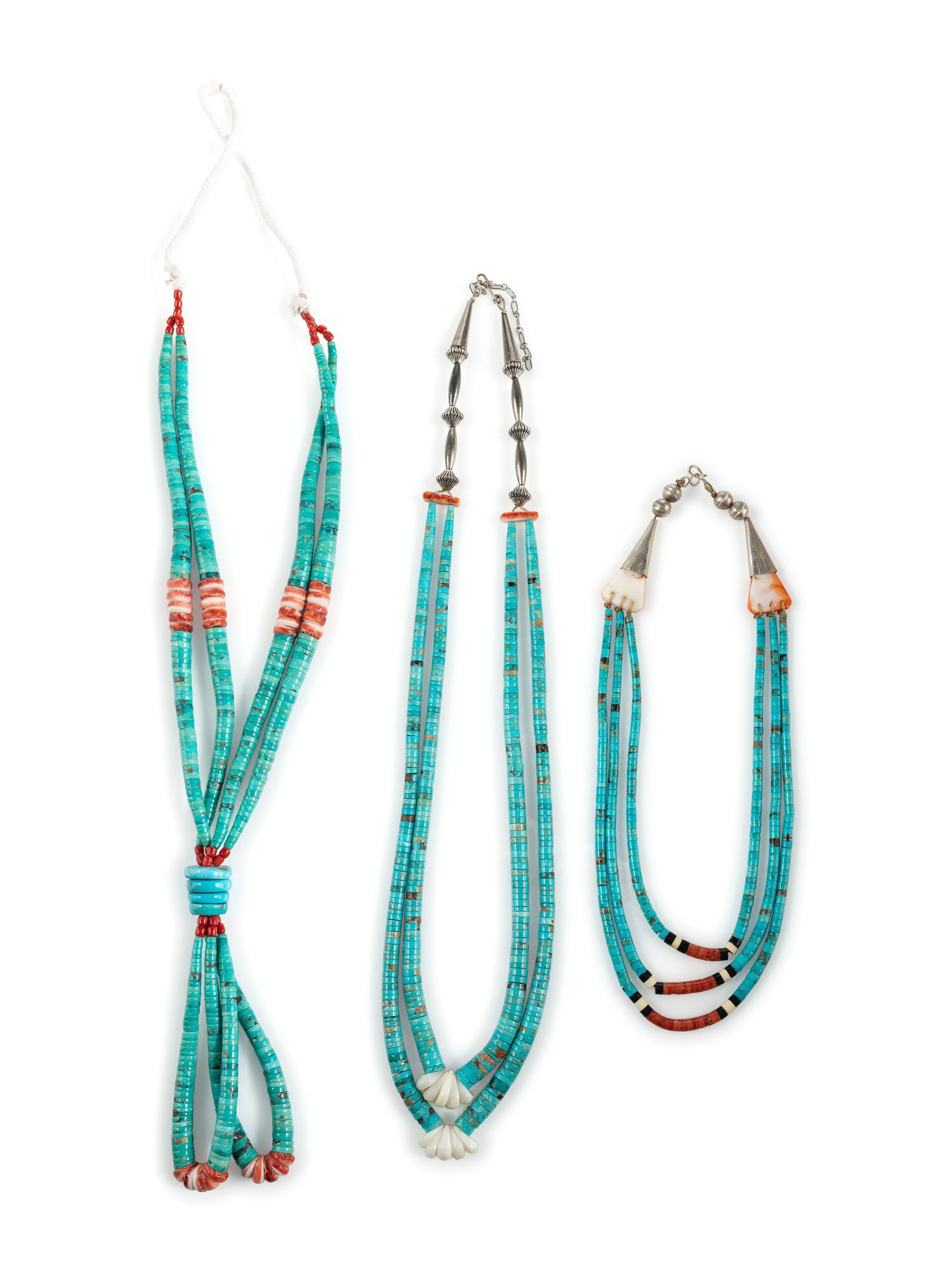 Pueblo Multi-Strand Rolled Turquoise and Coral Necklaces