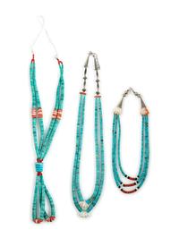 Pueblo Multi-Strand Rolled Turquoise and Coral Necklaces