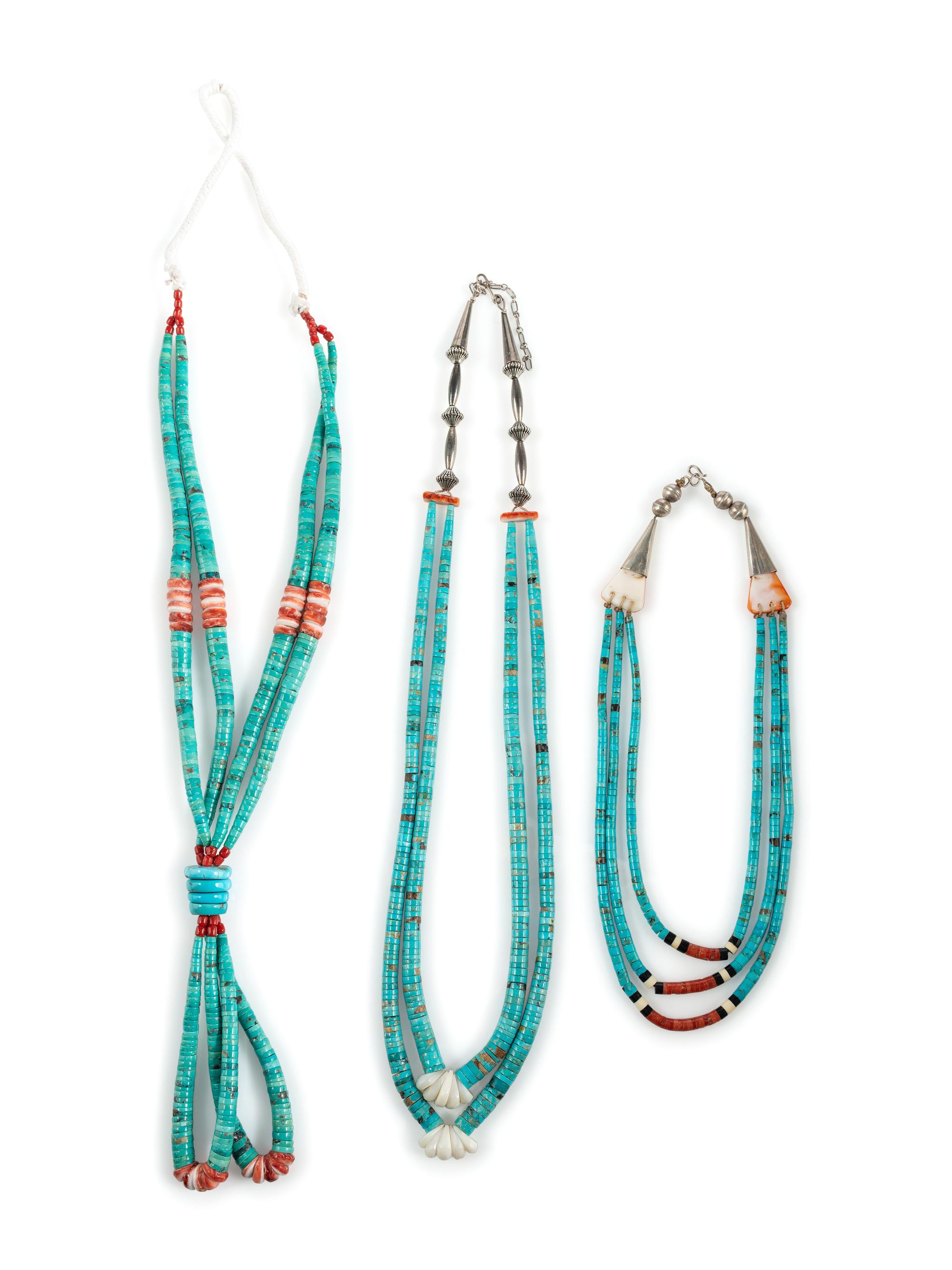 Pueblo Multi-Strand Rolled Turquoise and Coral Necklaces
