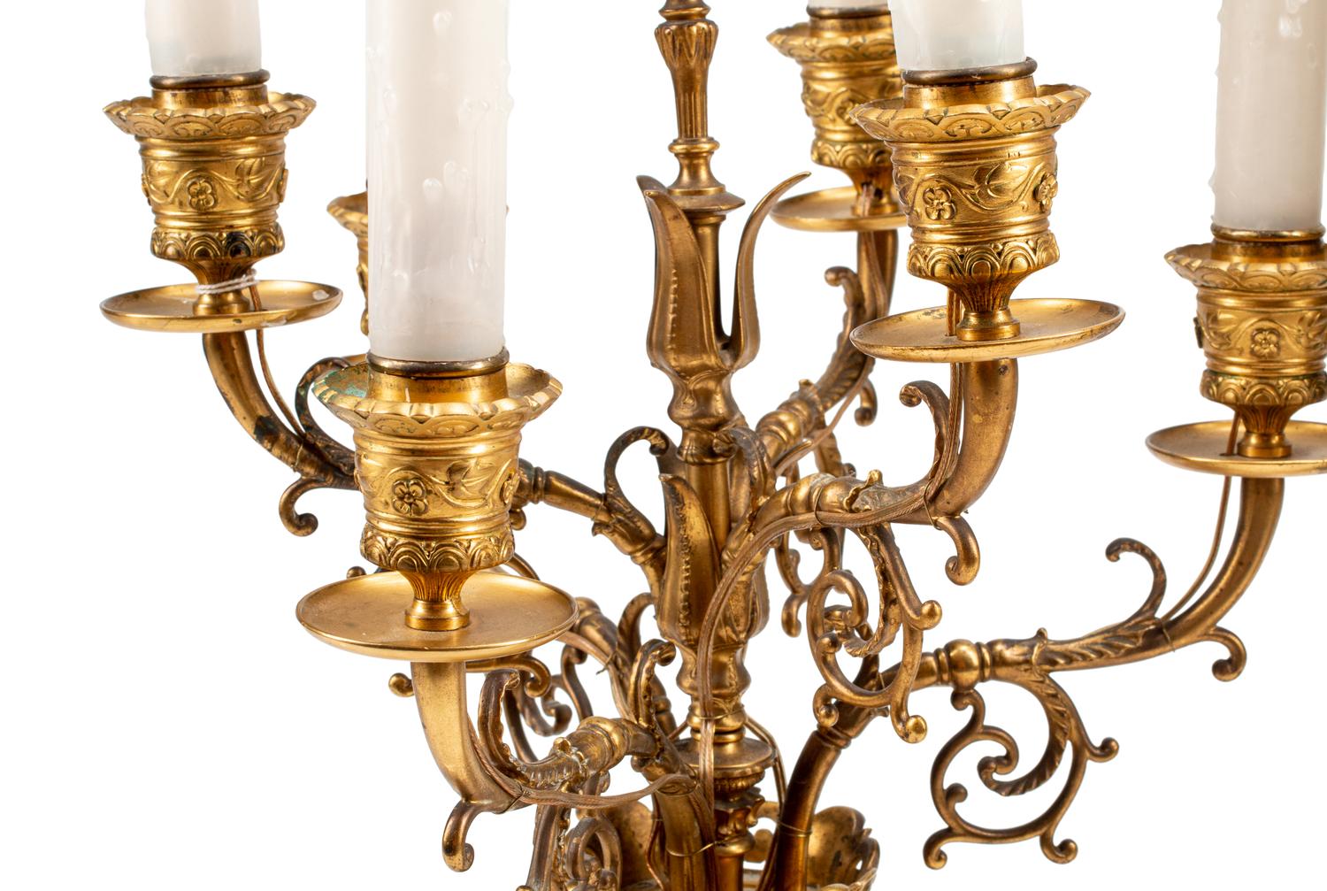 A Pair of French Neoclassical Bronze and Marble Six-Light Candelabra