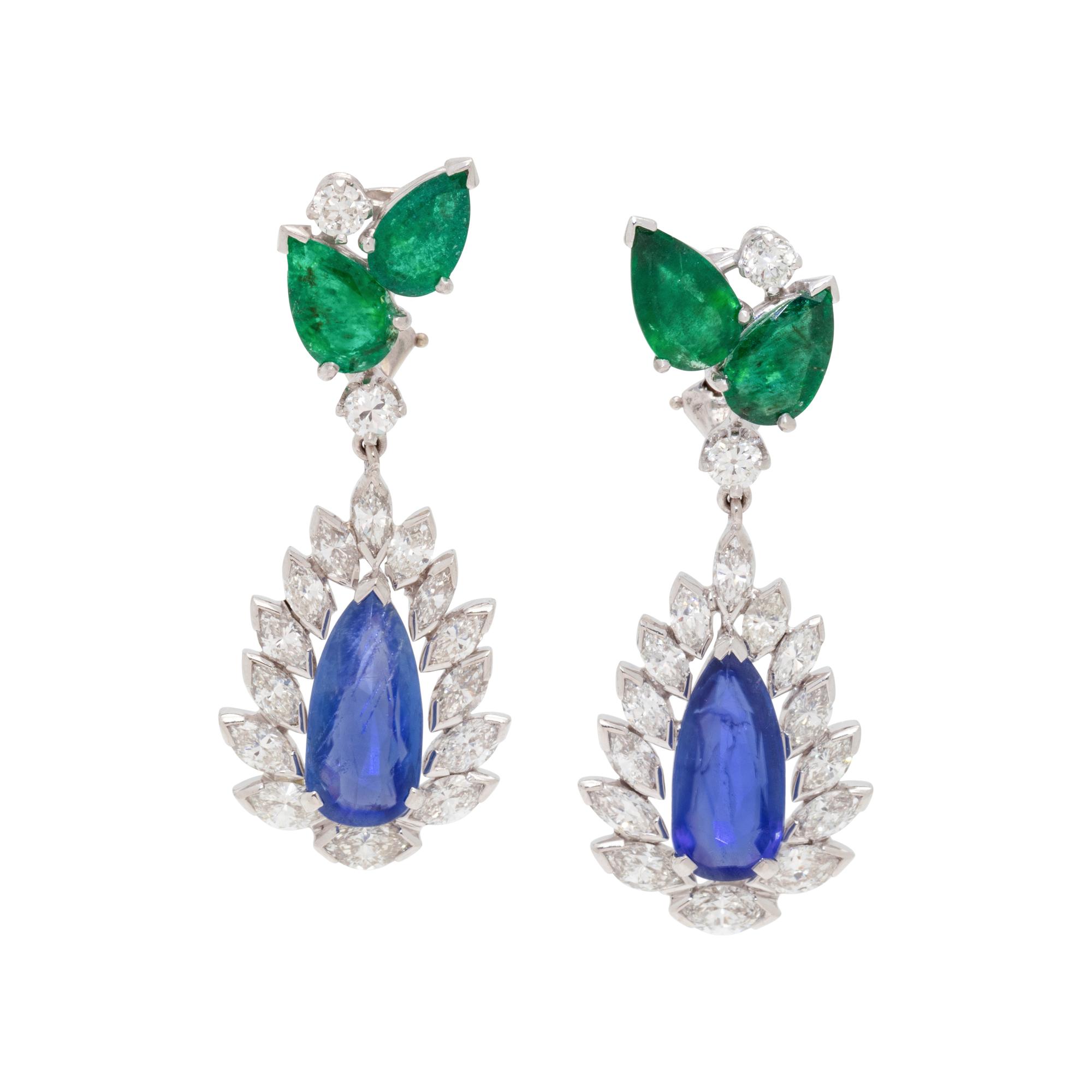 EMERALD, SAPPHIRE AND DIAMOND EARCLIPS