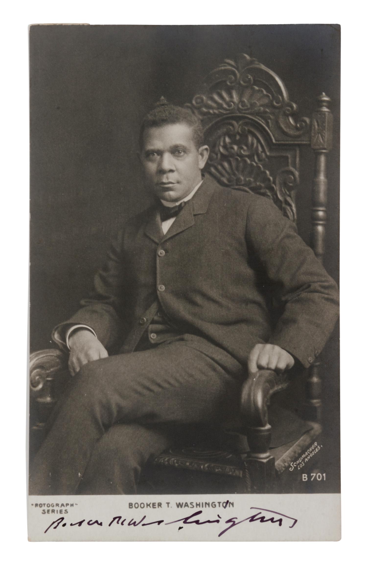 [WASHINGTON, Booker T. (1856-1915)]. Rotograph postcard. New York: The Rotograph Company, n.d., ca 1902. SIGNED BY WASHINGTON.