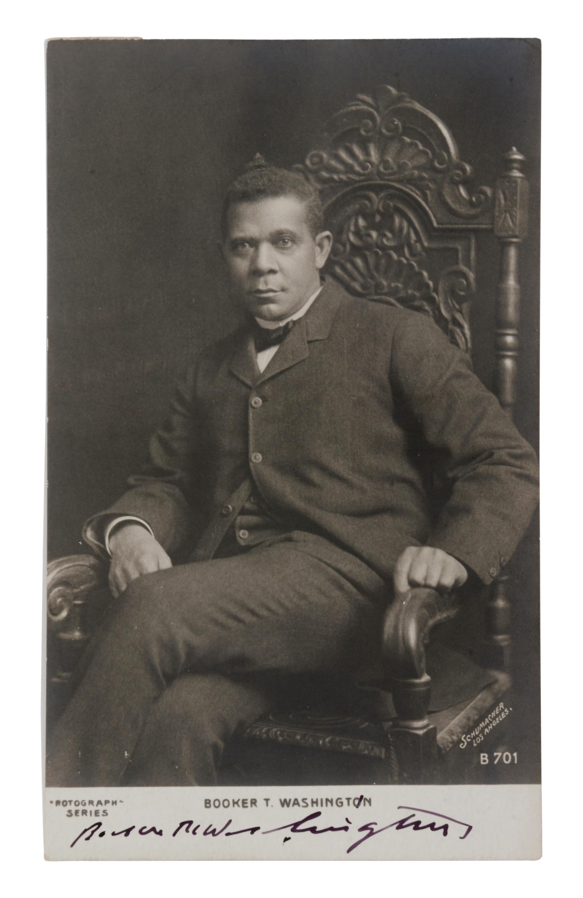 [WASHINGTON, Booker T. (1856-1915)]. Rotograph postcard. New York: The Rotograph Company, n.d., ca 1902. SIGNED BY WASHINGTON.