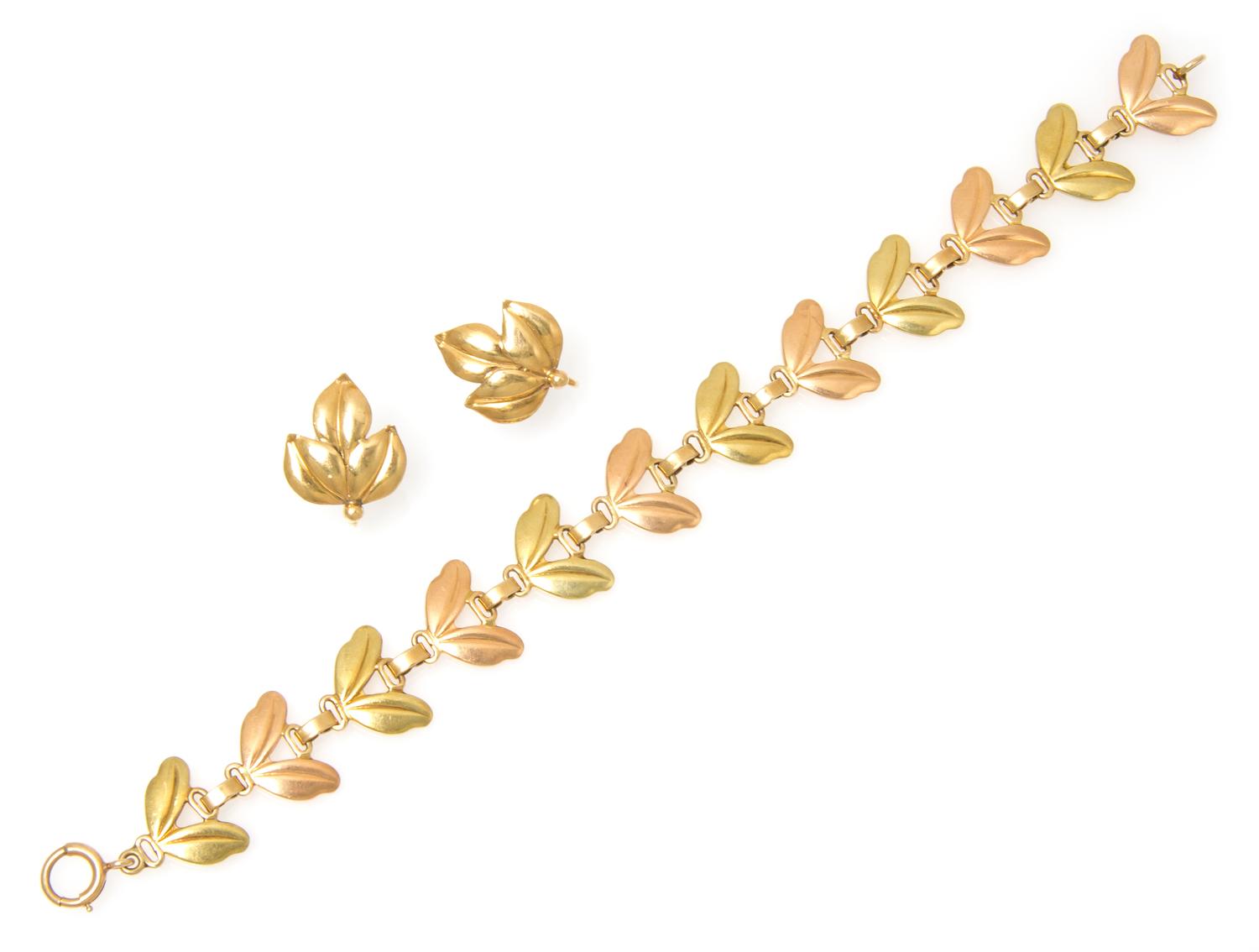 A Collection of Retro 14 Karat Yellow and Rose Gold Leaf Motif Jewelry, 15.00 dwts.