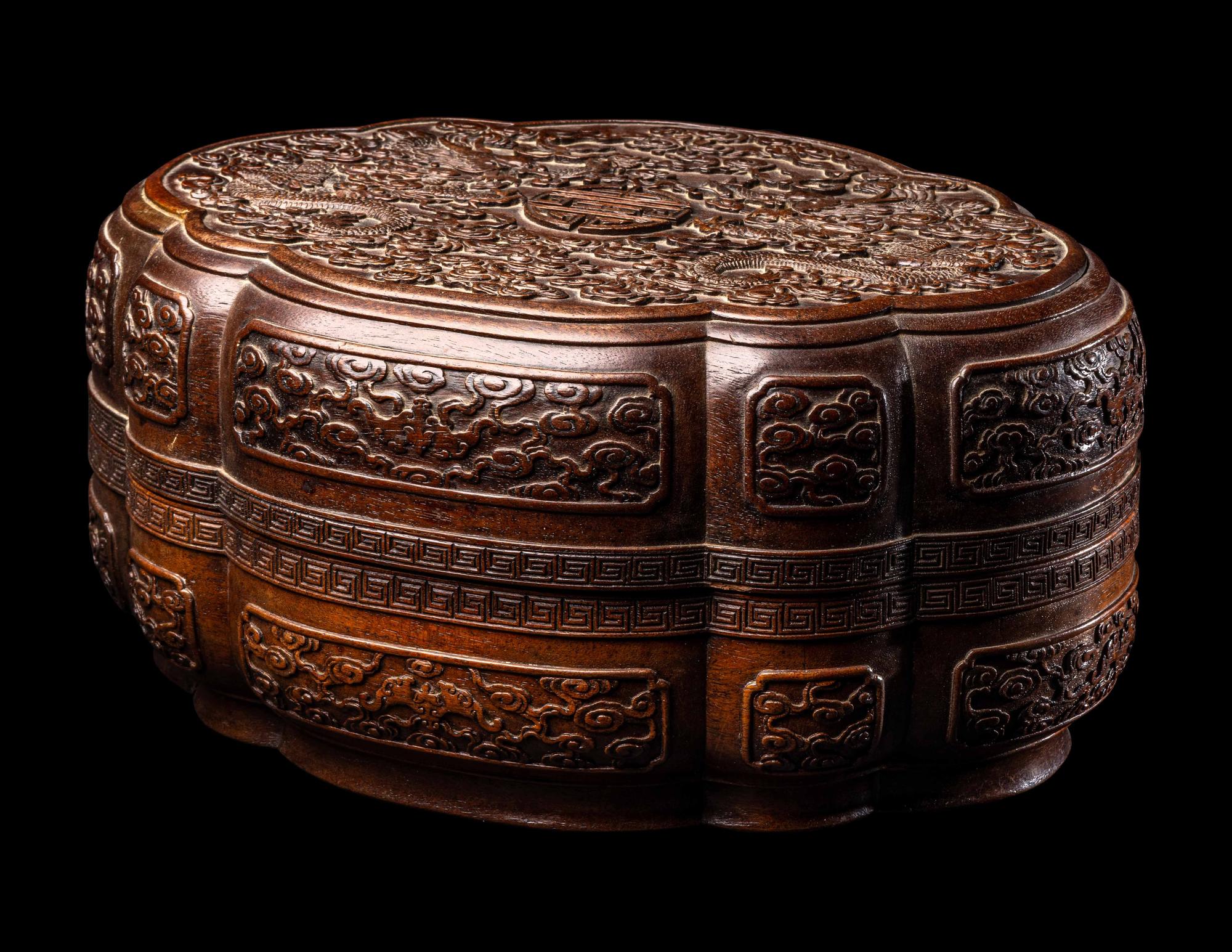 A Chinese Carved Tielimu and Lacquered Wood 'Dragon' Covered Box