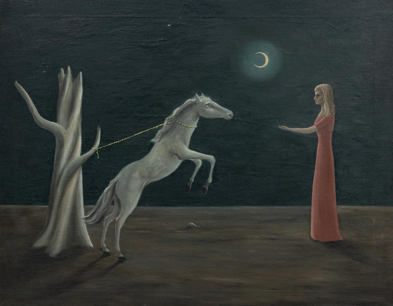 Gertrude Abercrombie (American, 1909-1977) Untitled (Woman with Tethered Horse and Moon), 1947