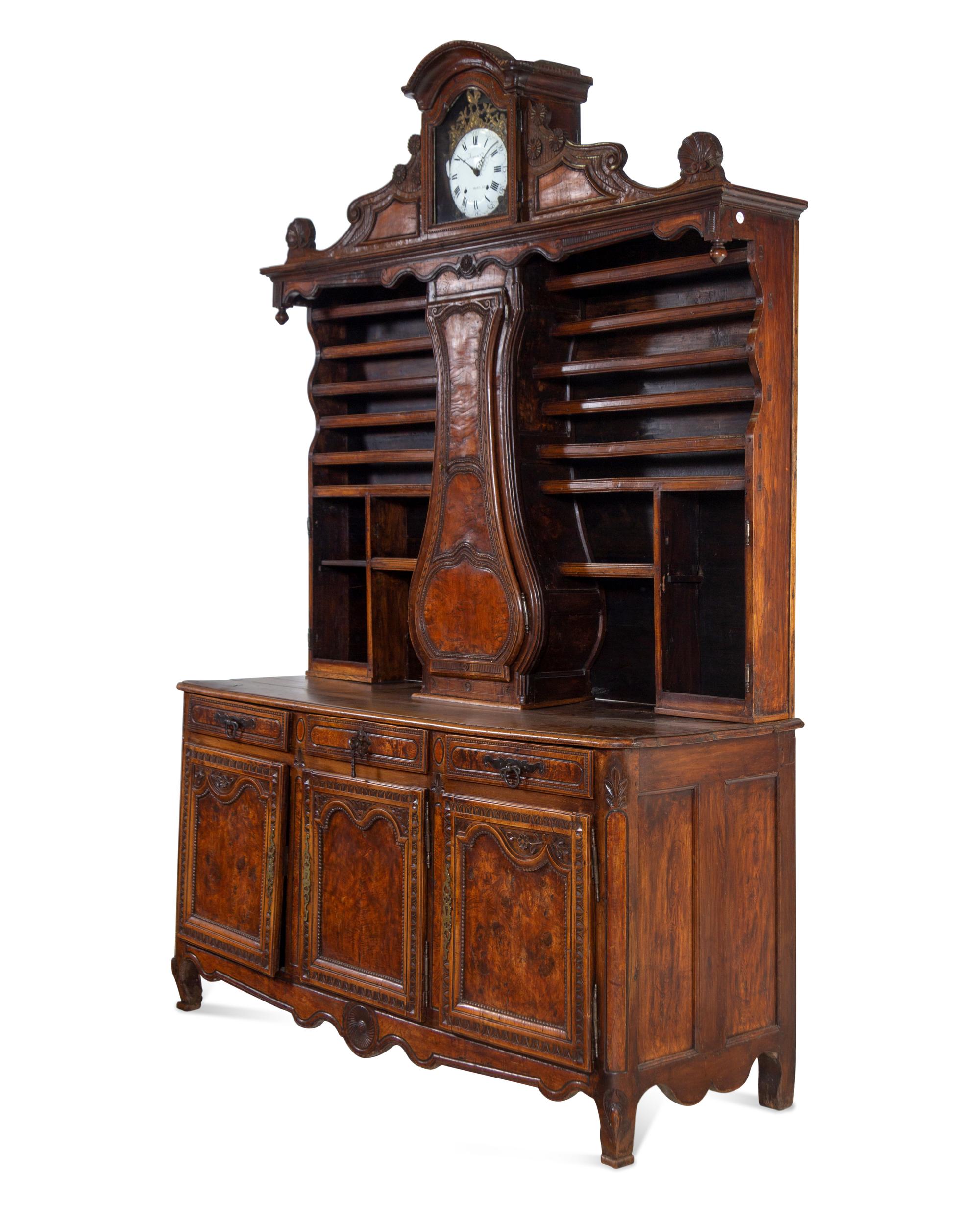A French Provincial Burlwood Clock-Inset Serving Cabinet