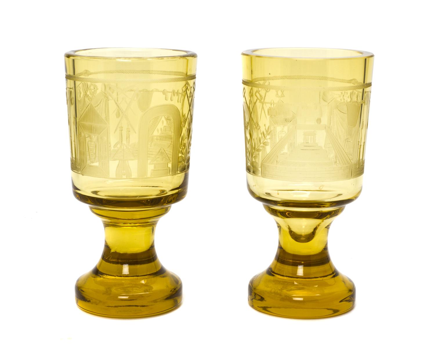 A Pair of Bohemian Engraved Glass Goblets, Height 6 3/4 inches.