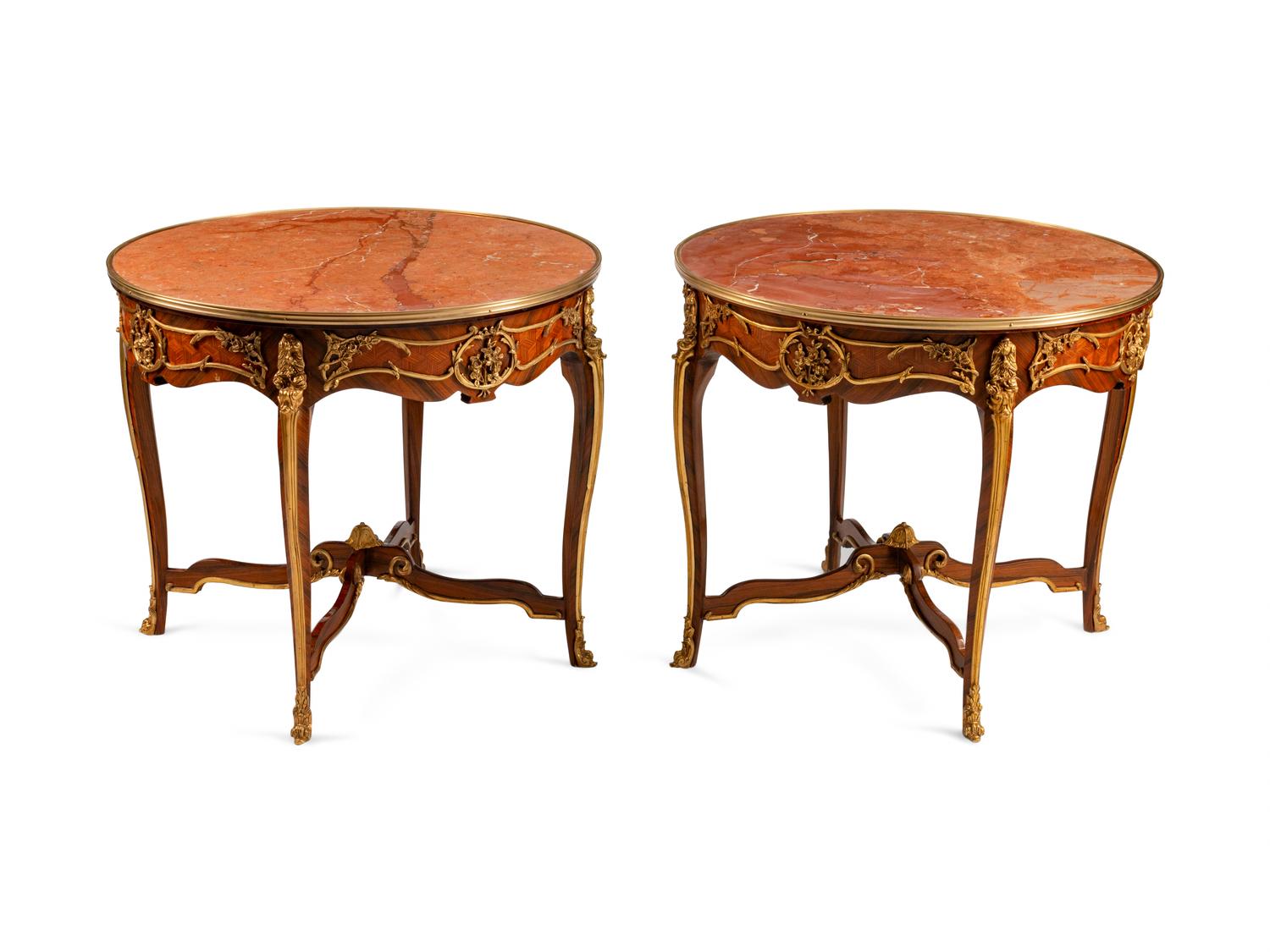 A Pair of Louis XV Style Gilt-Bronze-Mounted Kingwood Tables de Milieu