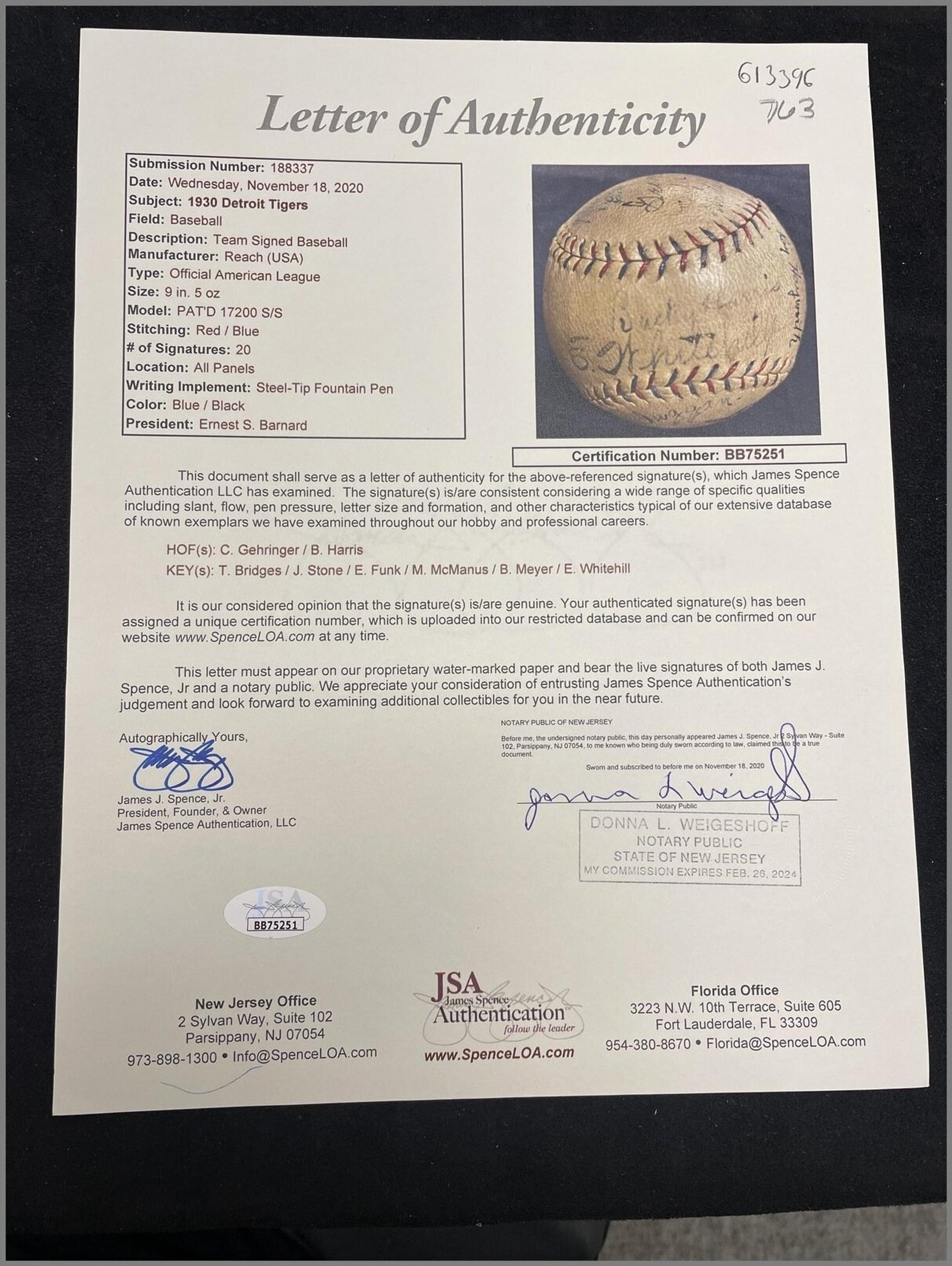 A 1930 Detroit Tigers Team Signed Autograph Baseball (JSA Letter of Authenticity)