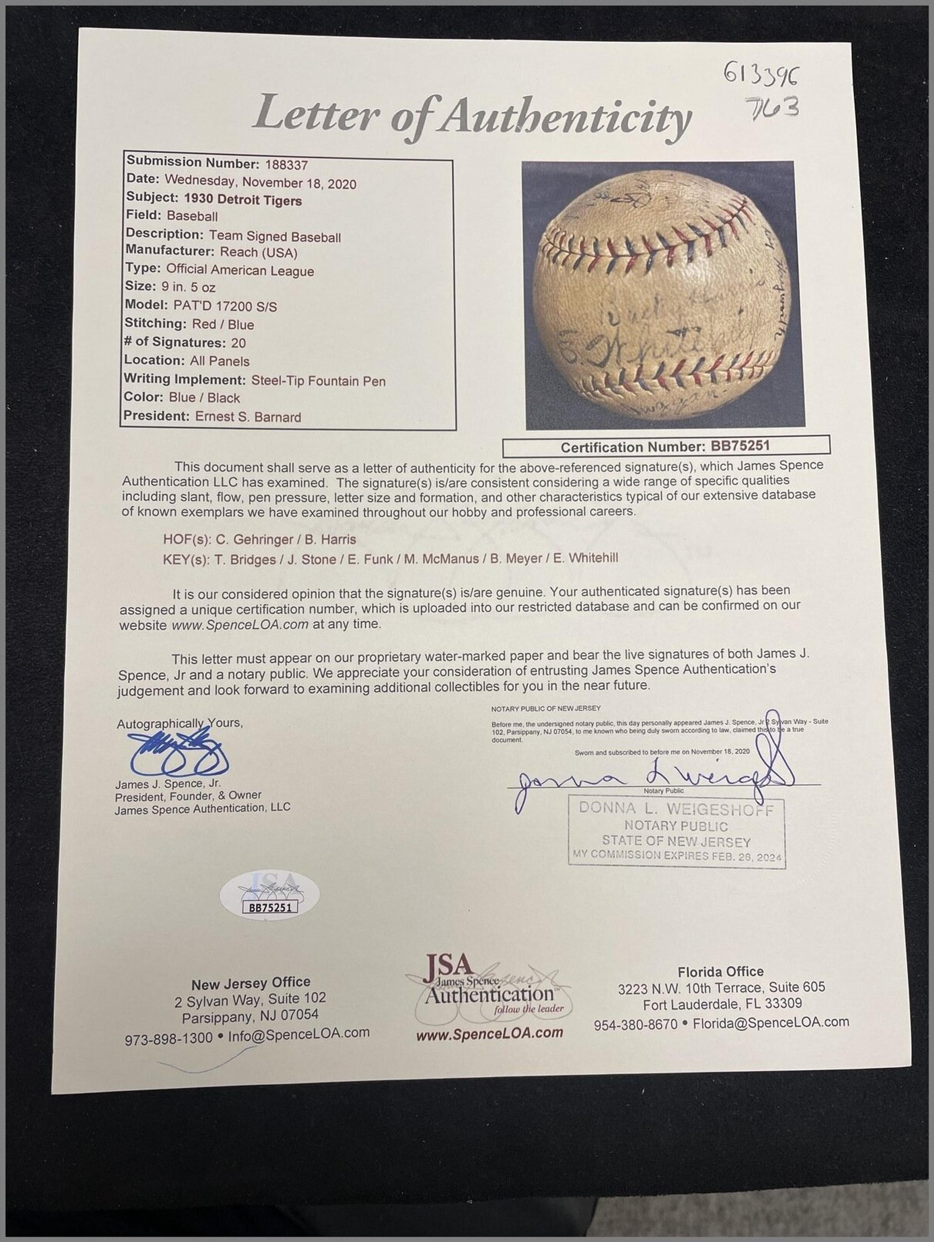 A 1930 Detroit Tigers Team Signed Autograph Baseball (JSA Letter of Authenticity)