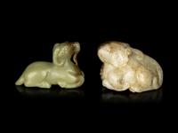 A Chinese Celadon Jade Figure of a Ram and A Chinese White Jade Figure of Tianlu