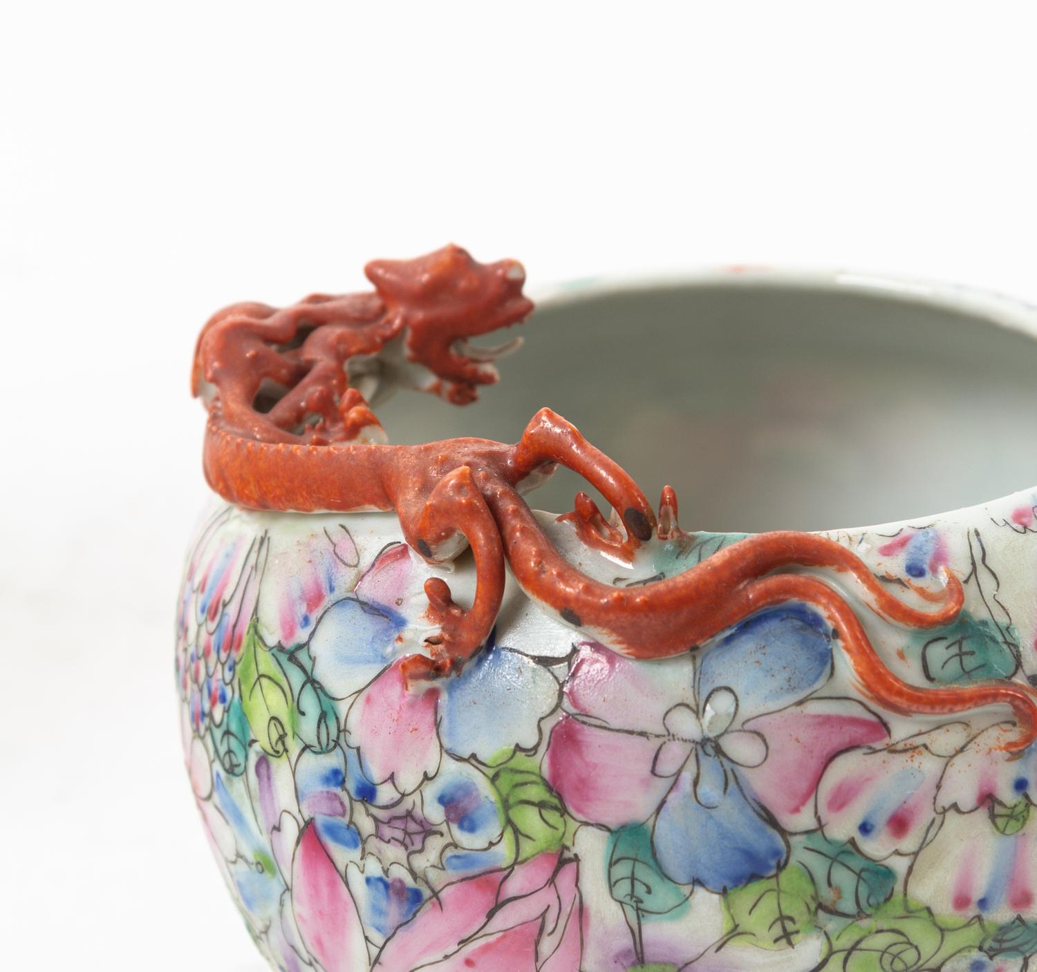 Three Chinese Famille Rose 'Millefleur' Porcelain Articles