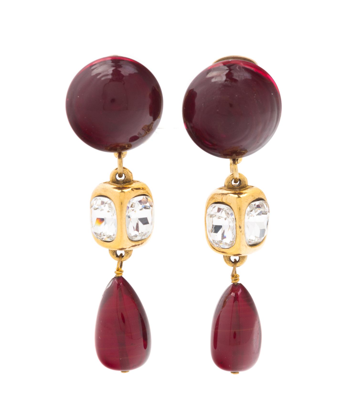A Pair of Chanel Red Glass and Rhinestone Drop Earclips, 3" x 1".