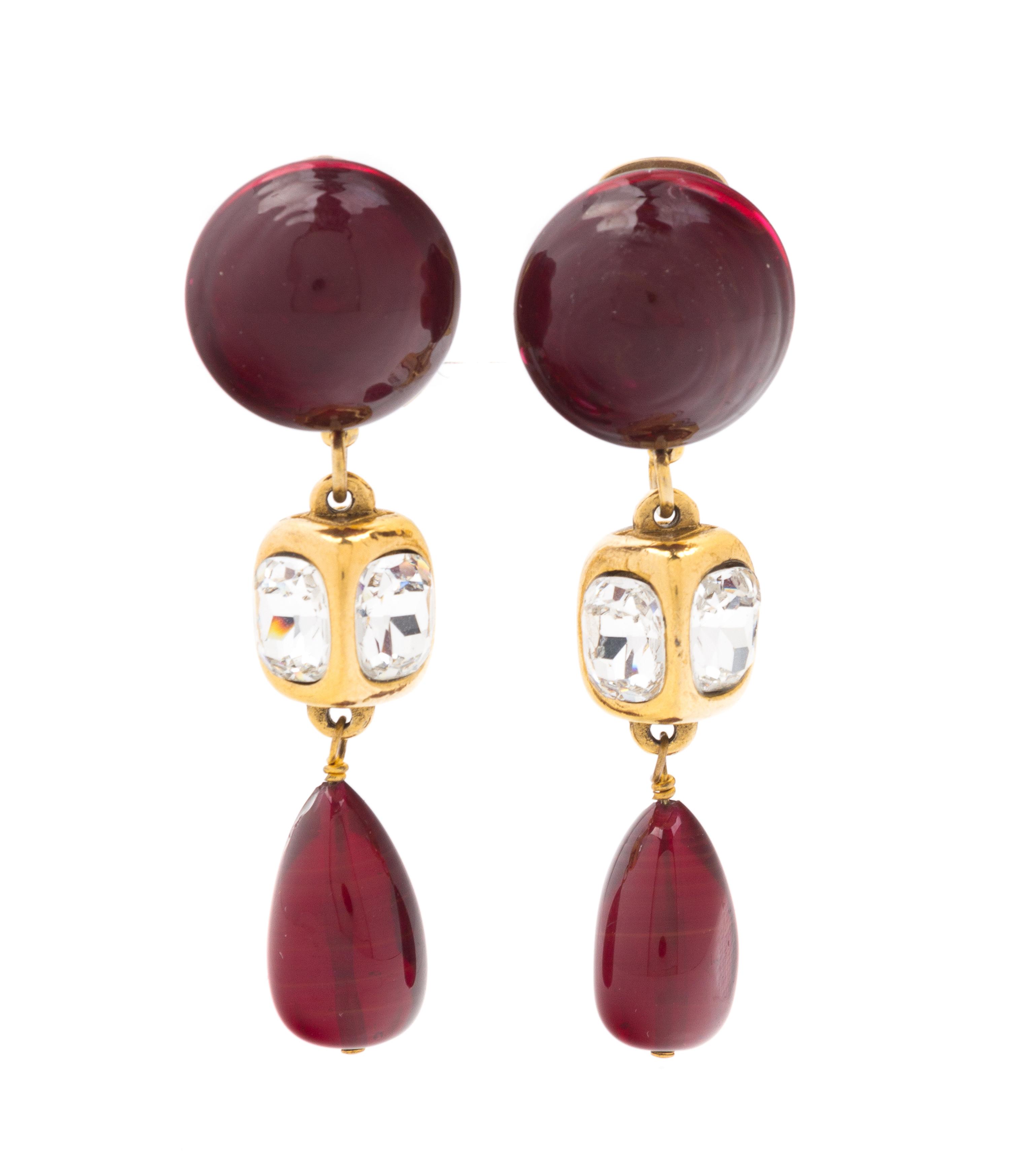 A Pair of Chanel Red Glass and Rhinestone Drop Earclips, 3" x 1".
