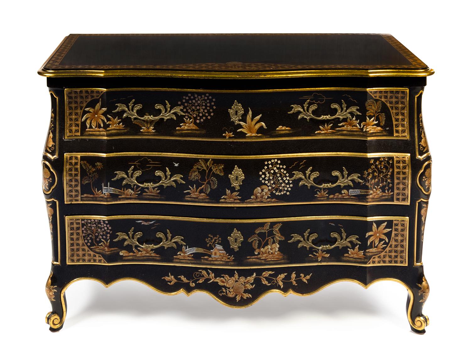 A Louis XV Style Painted and Parcel Gilt Commode Height 34 x width 50 1/2 x depth 23 inches. — JOHN WIDDICOMB, 20TH CENTURY