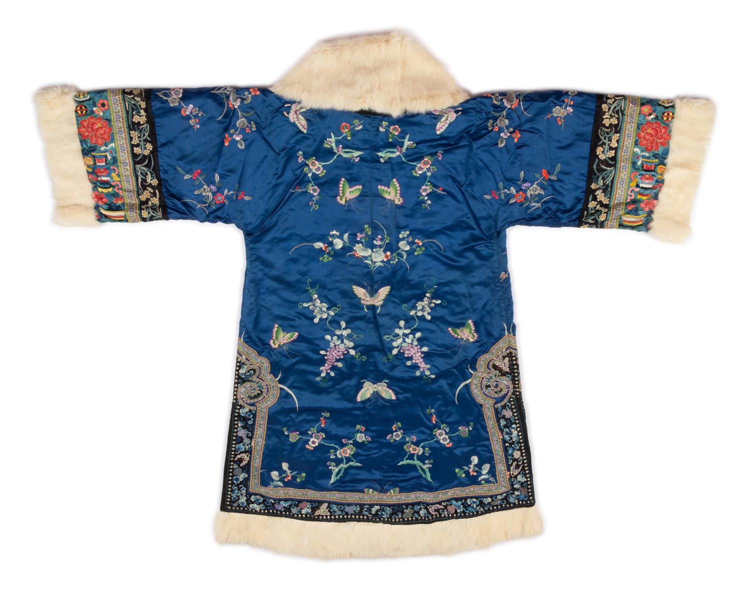 A Fur Lined Blue Ground Embroidered Silk Winter Coat