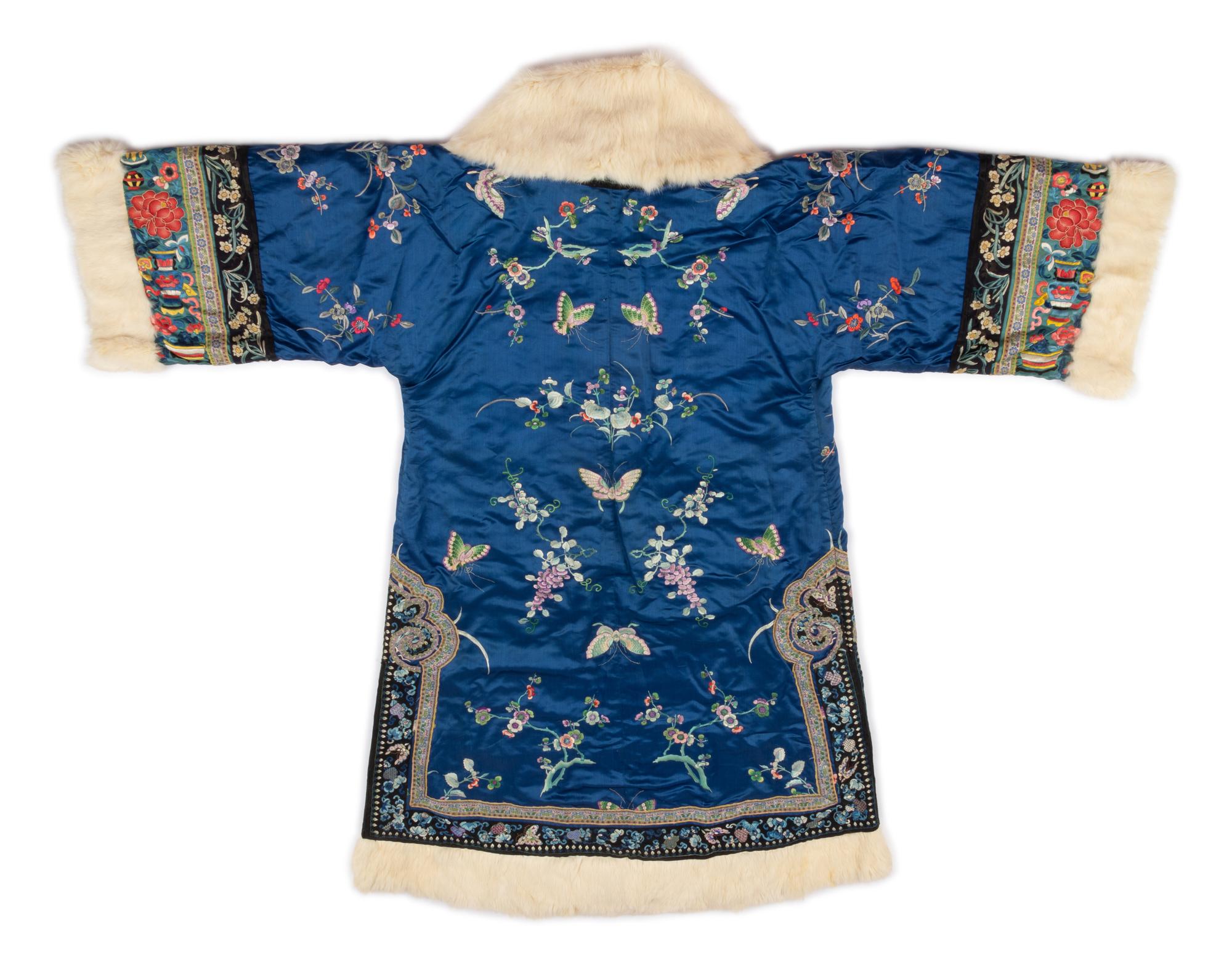A Fur Lined Blue Ground Embroidered Silk Winter Coat