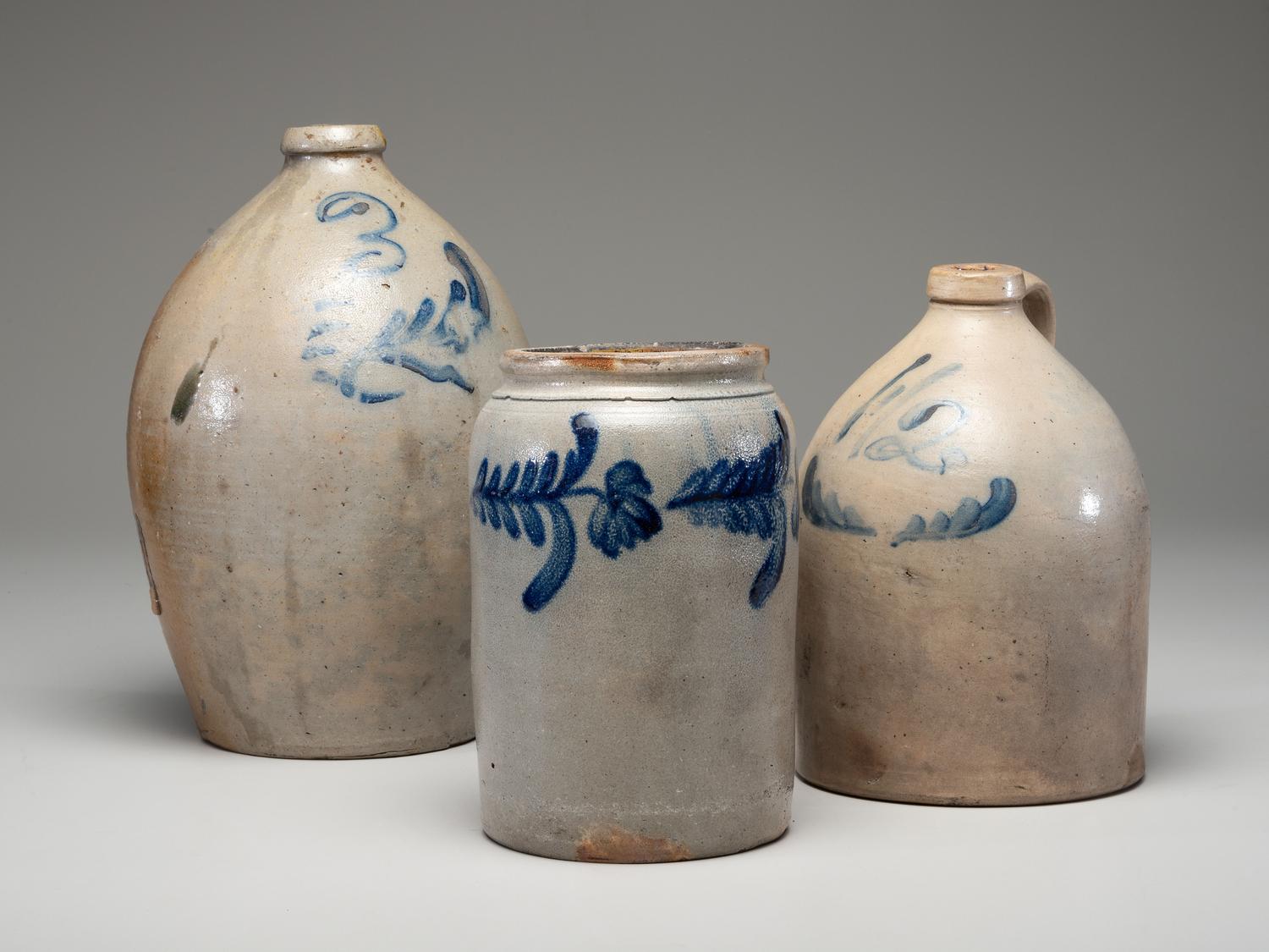 Three Cobalt Decorated Stoneware Vessels