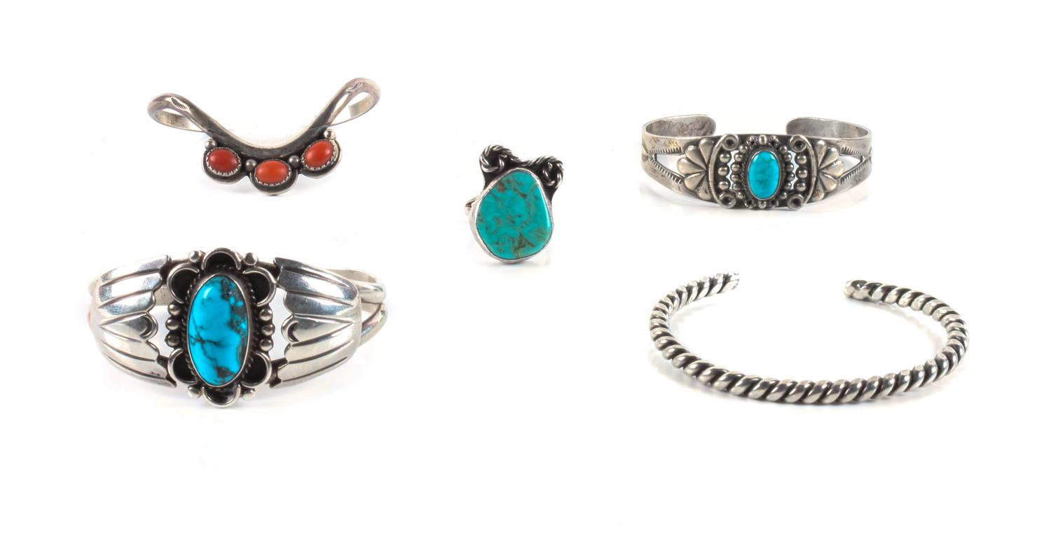 Group of Southwestern Jewelry Length of one bracelet 5 1/8 x opening 1 x width 1 1/8 inches