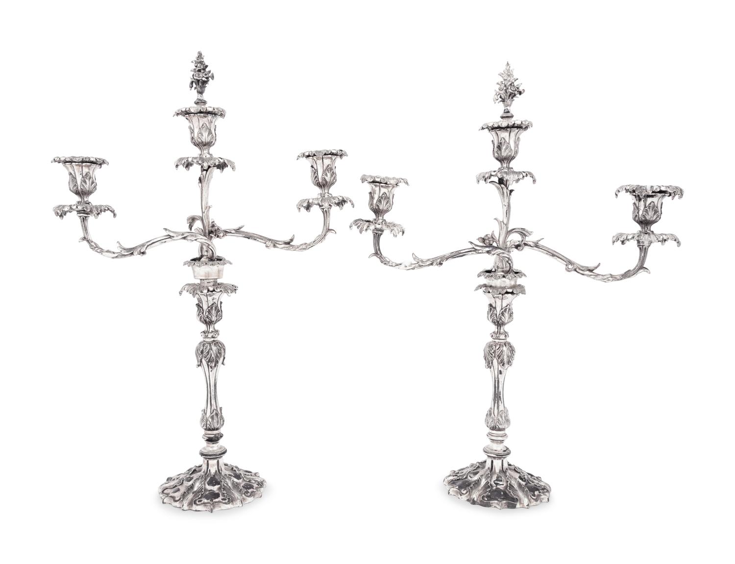A Pair of English Silver-Plate Three-Light Candelabra