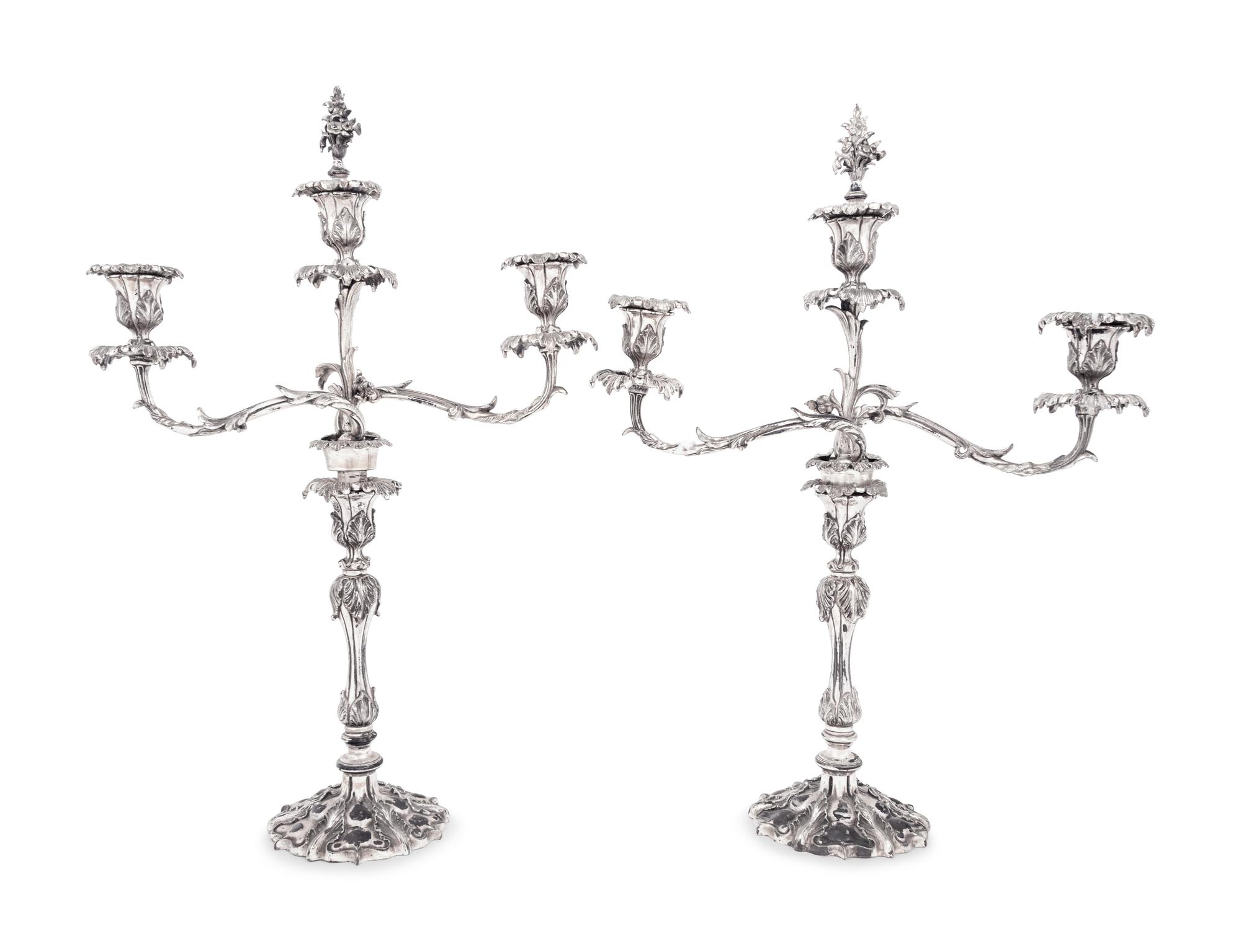 A Pair of English Silver-Plate Three-Light Candelabra
