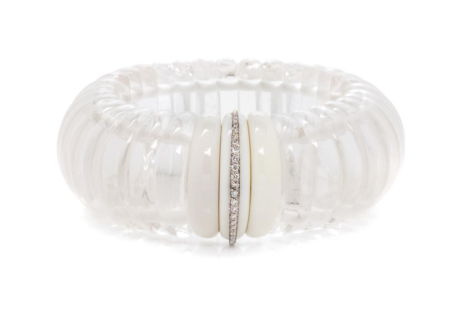 An 18 Karat White Gold, Rock Crystal, White Agate and Diamond Expandable Bracelet, Sanalitro, 100.00 dwts.