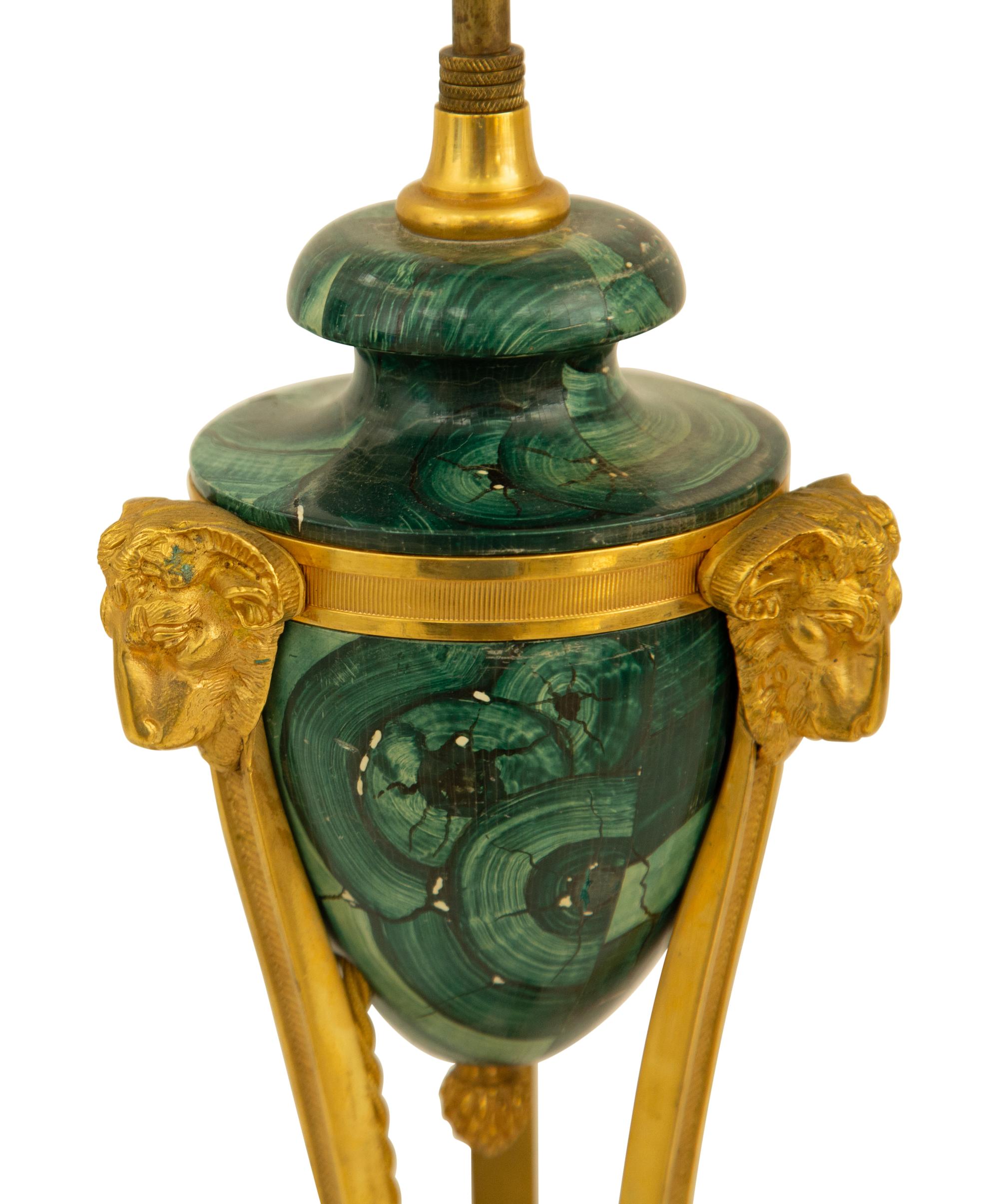A Pair of Empire Style Gilt Metal Mounted Faux Malachite Cassolettes