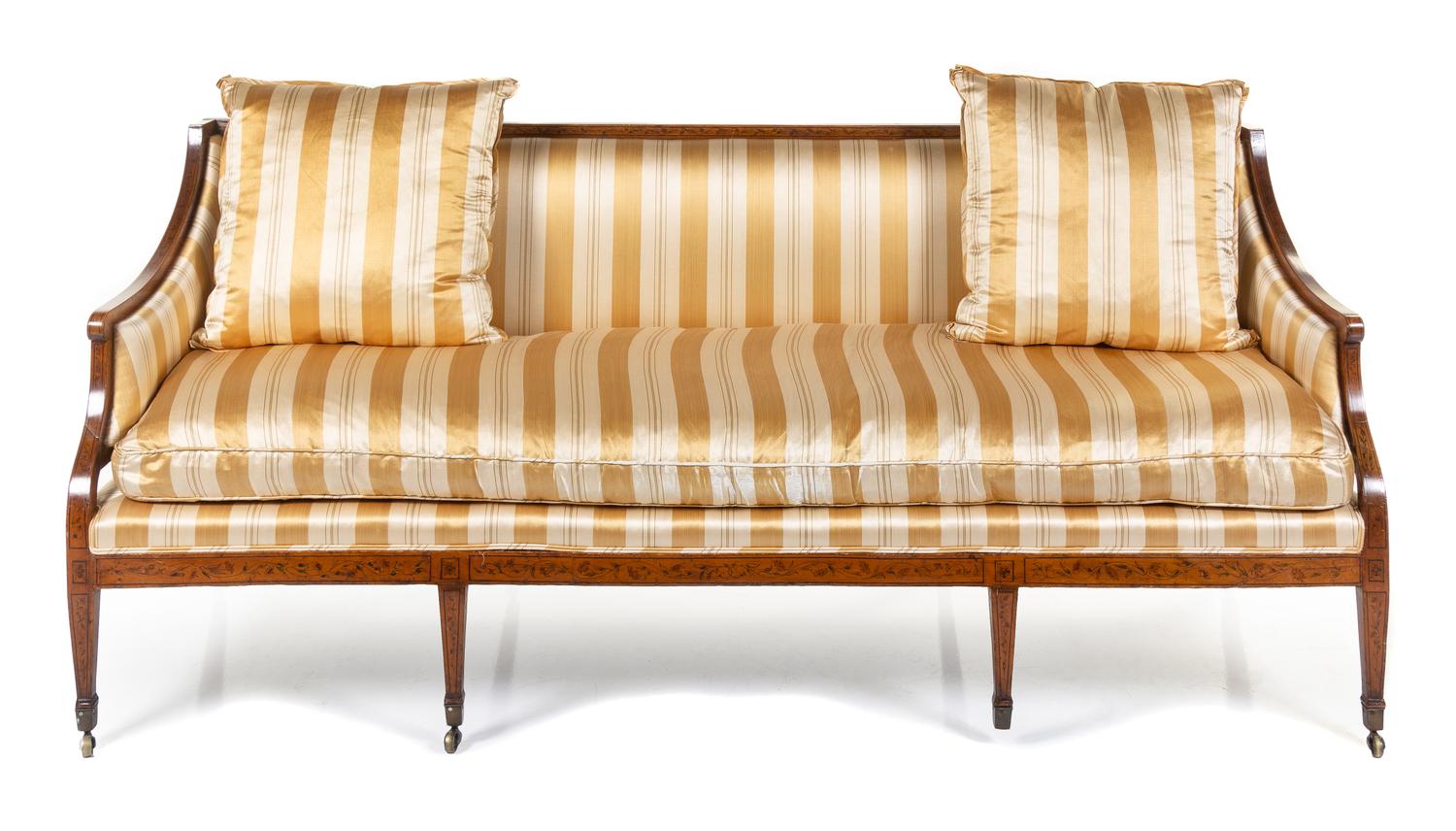 A George III Stenciled Satinwood Sofa Height 33 1/2 x width 75 1/2 x depth 26 inches. — EARLY 19TH CENTURY
