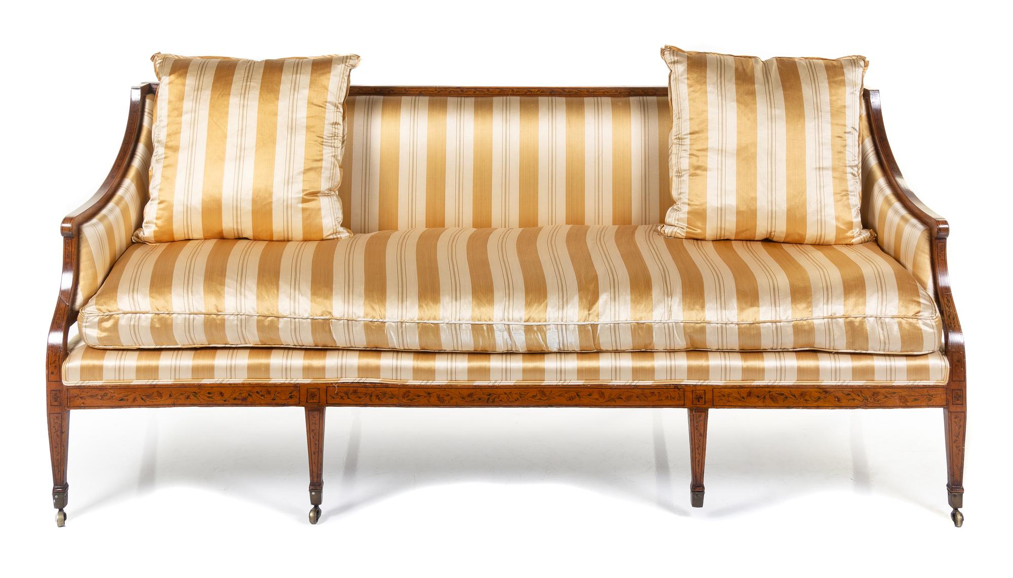 A George III Stenciled Satinwood Sofa Height 33 1/2 x width 75 1/2 x depth 26 inches. — EARLY 19TH CENTURY