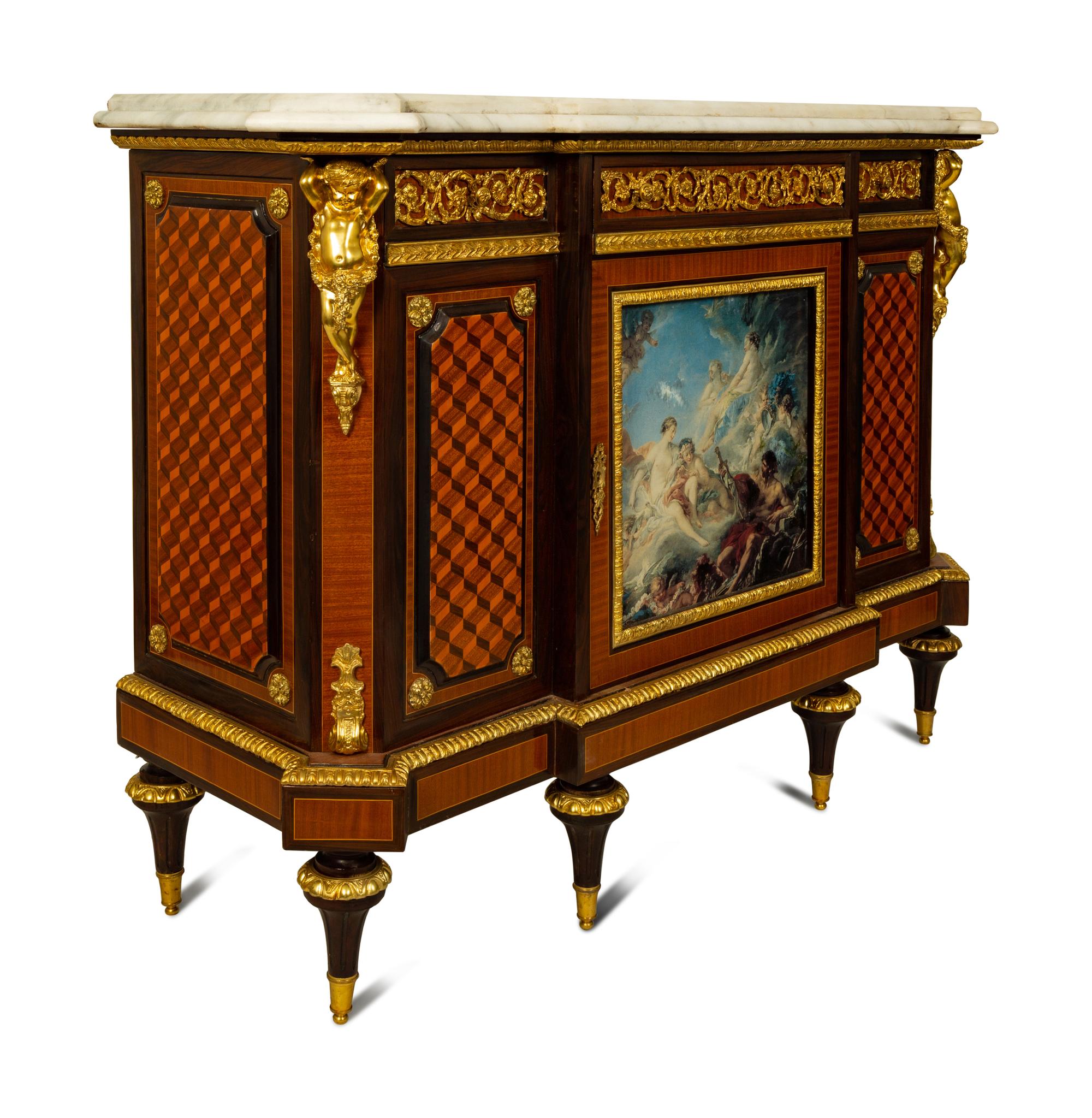 A Louis XVI Style Gilt Bronze and Porcelain Mounted Marble-Top Console Cabinet — LATE 20TH CENTURY