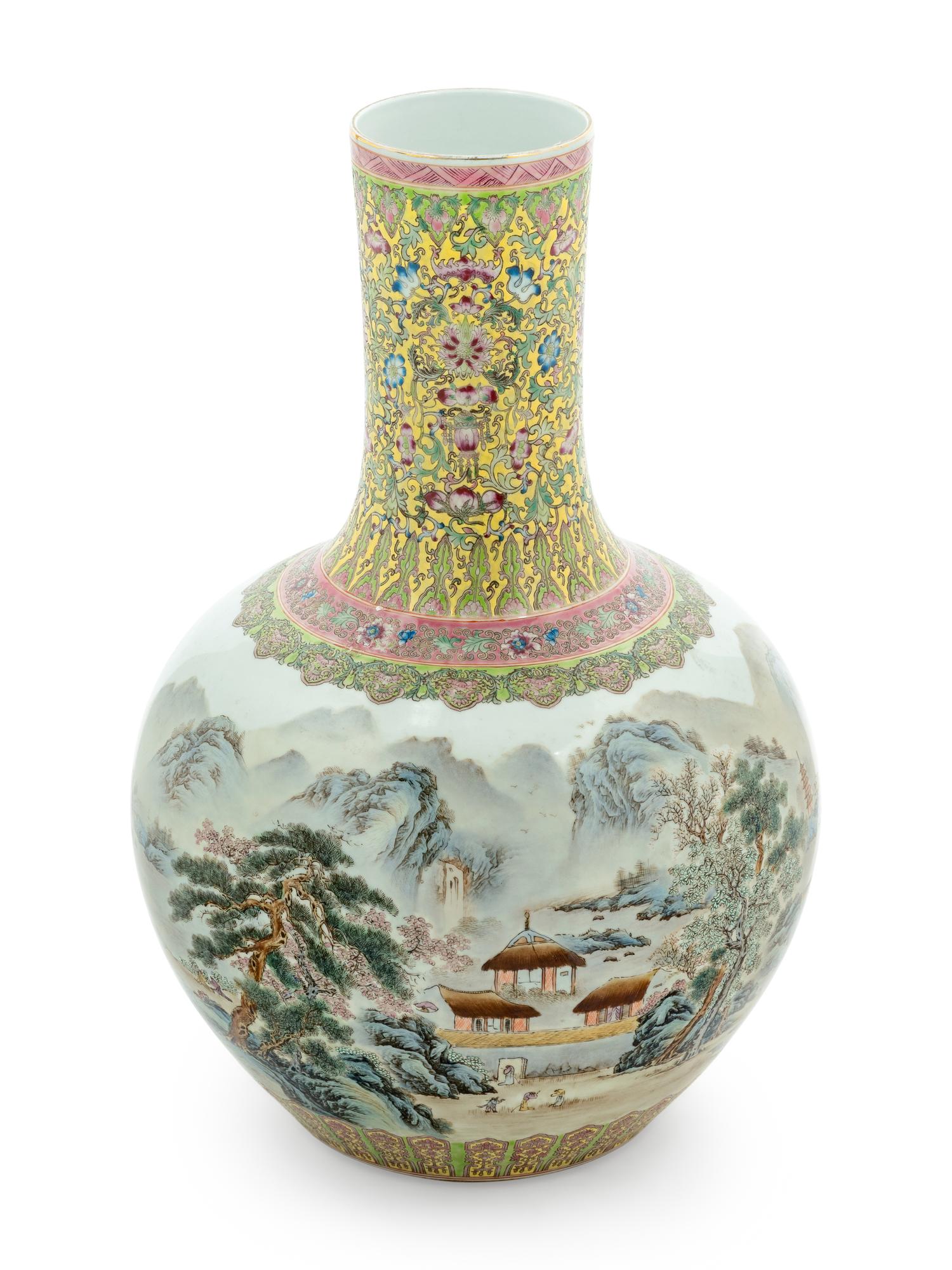A Chinese Yellow Ground Famille Rose Porcelain 'Landscape' Vase