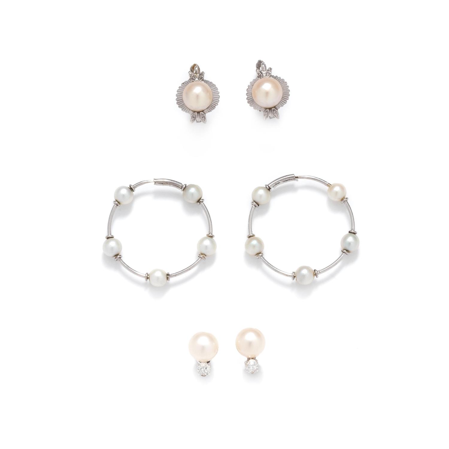 COLLECTION OF WHITE GOLD AND CULTURED PEARL EARRINGS