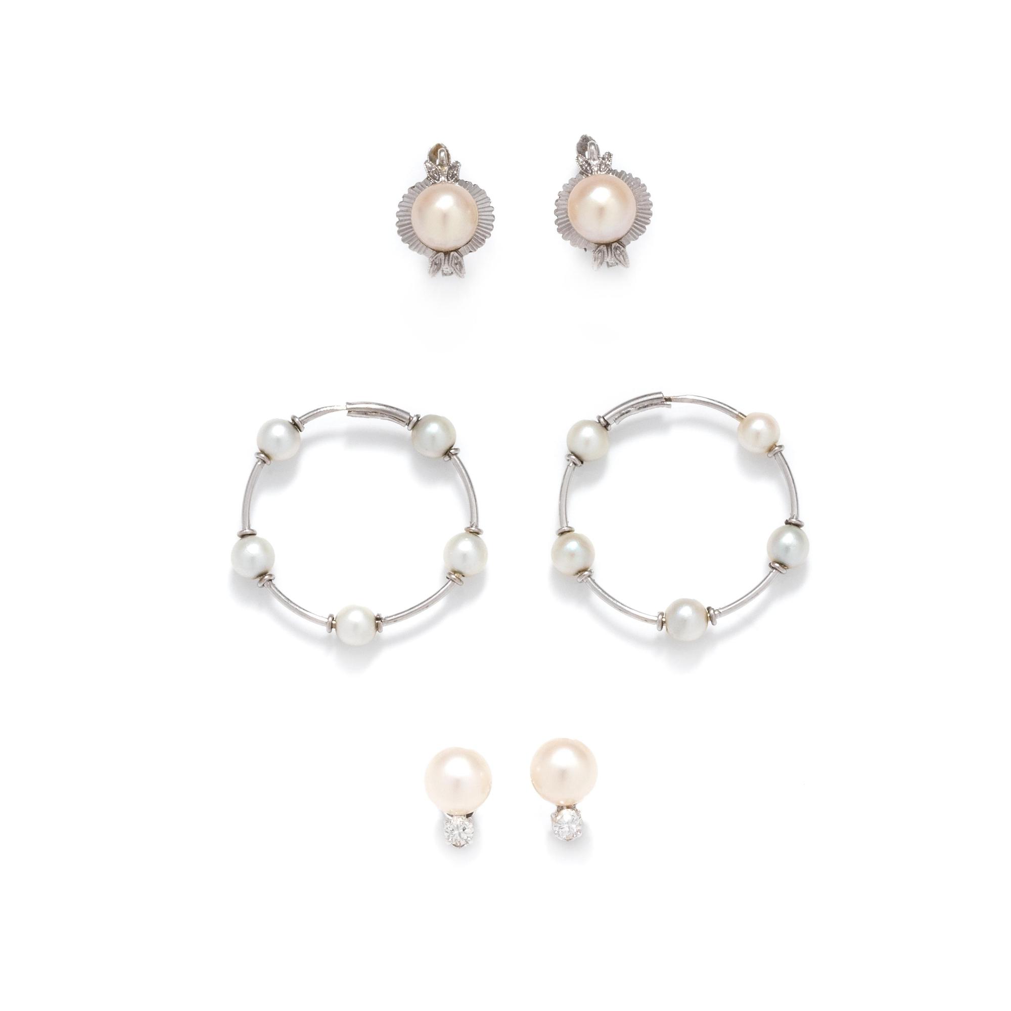 COLLECTION OF WHITE GOLD AND CULTURED PEARL EARRINGS