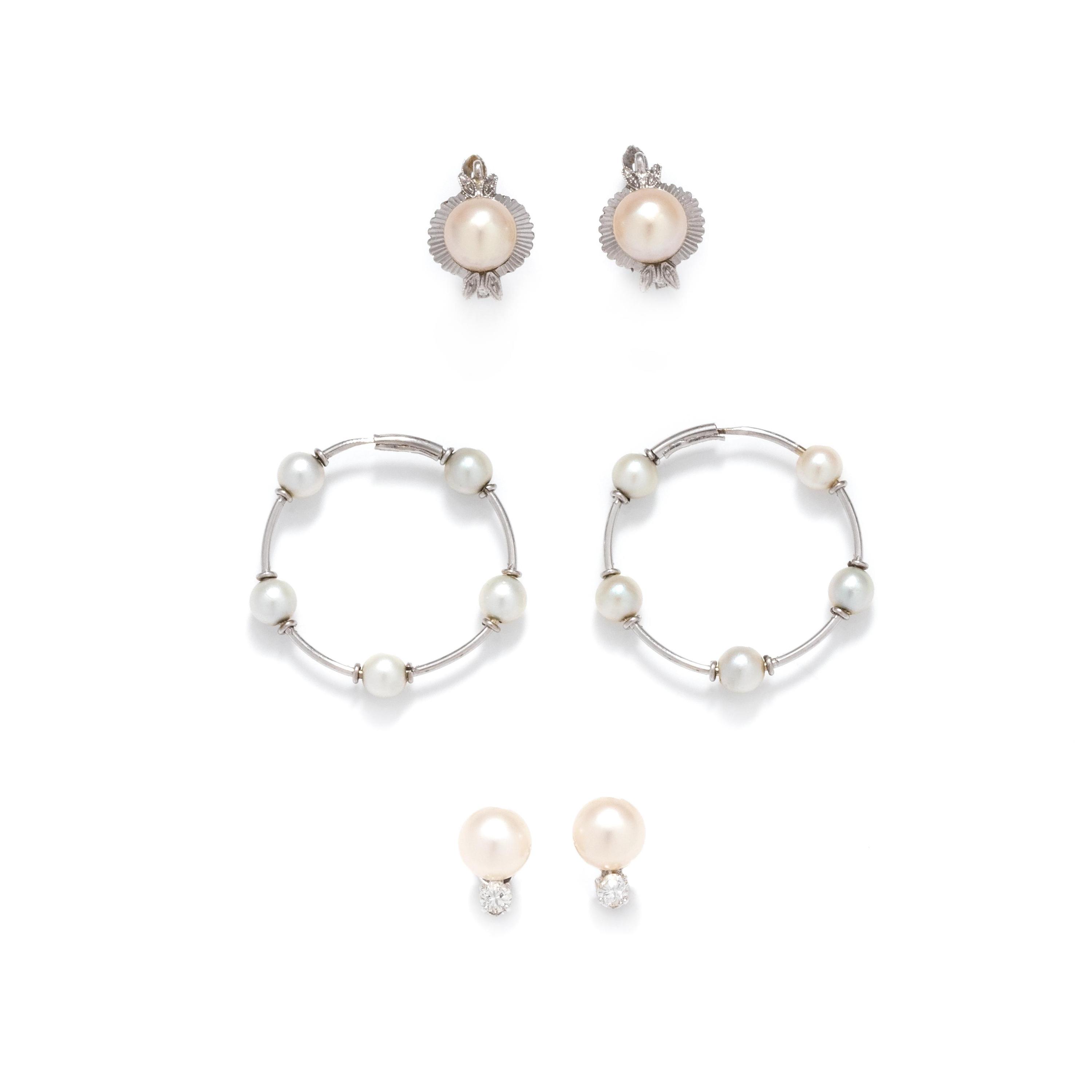 COLLECTION OF WHITE GOLD AND CULTURED PEARL EARRINGS