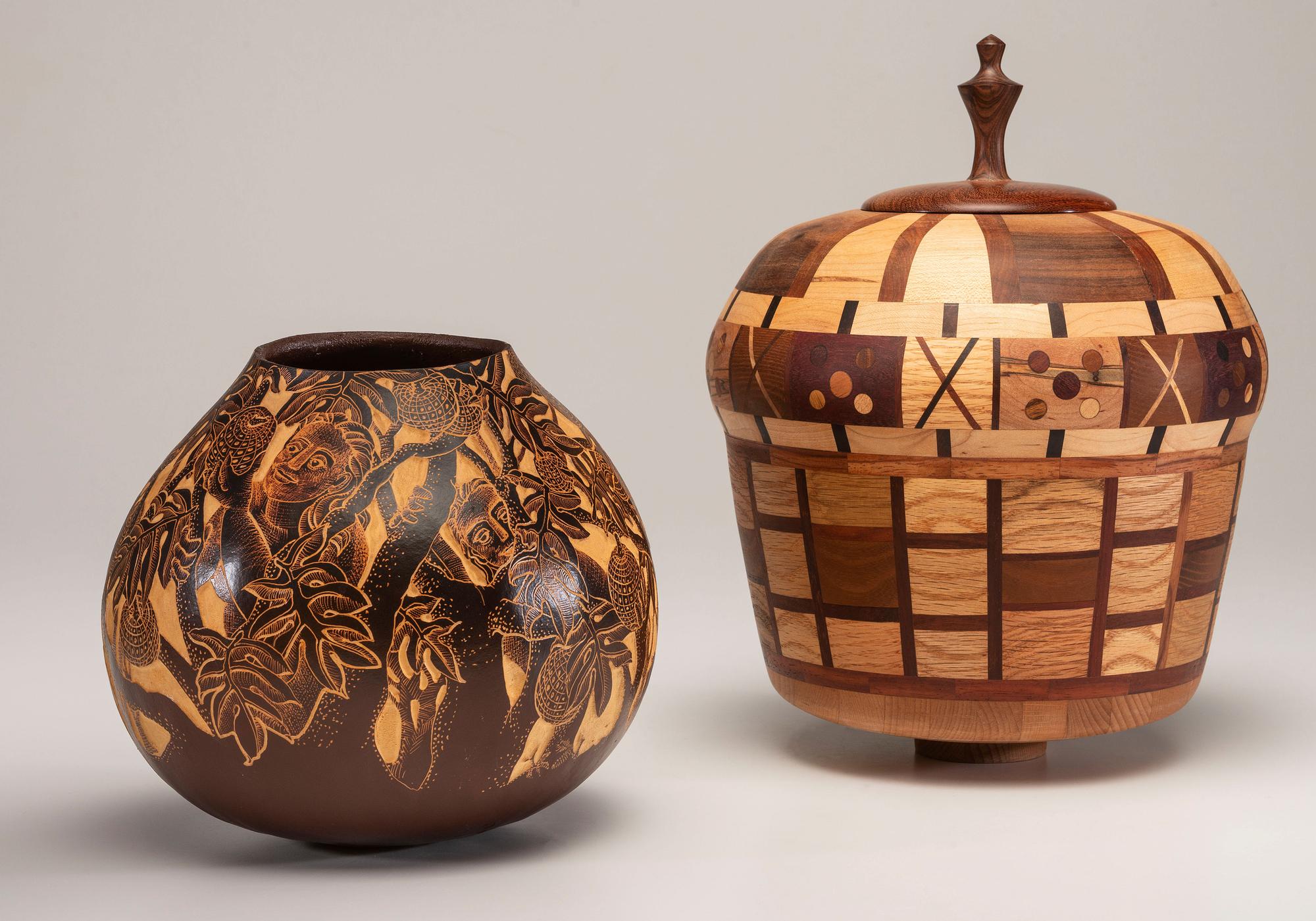 A Carved Lidded Jar and Gourd