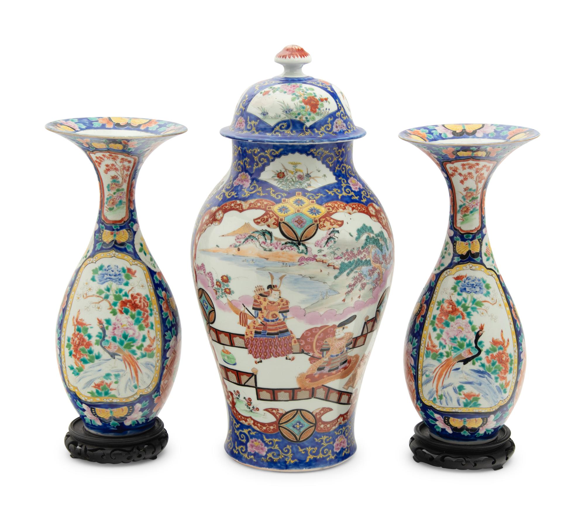 An Assembled Japanese Enameled Porcelain Garniture