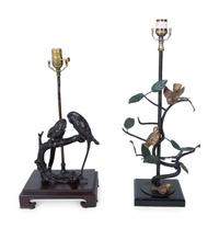 Two Patinated Bronze Lamps with Birds on a Branch — 20TH CENTURY