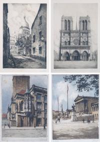 A Collection of Four Continental Etchings, Height 13 x width 9 inches for largest.