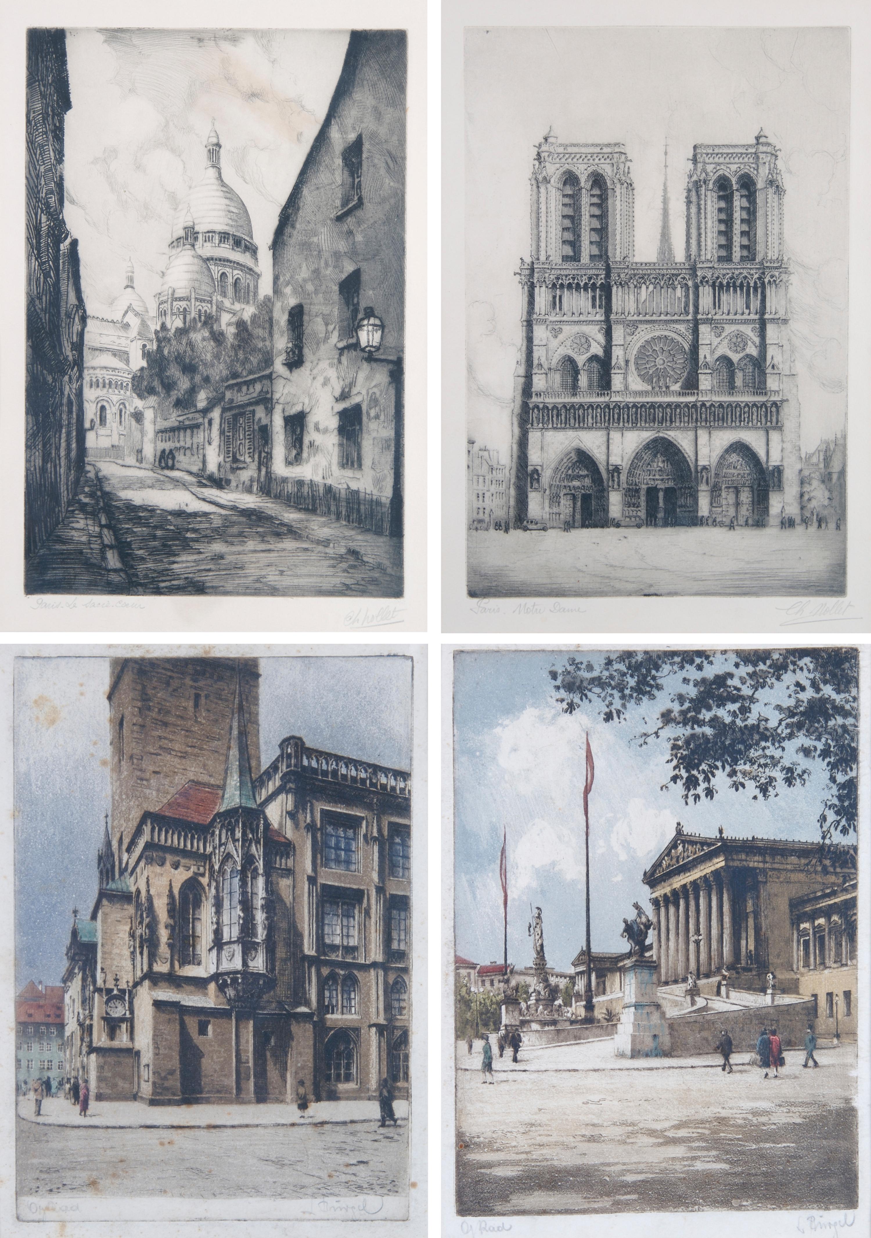 A Collection of Four Continental Etchings, Height 13 x width 9 inches for largest.