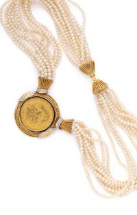 YELLOW GOLD, COIN, DIAMOND AND SEED PEARL NECKLACE
