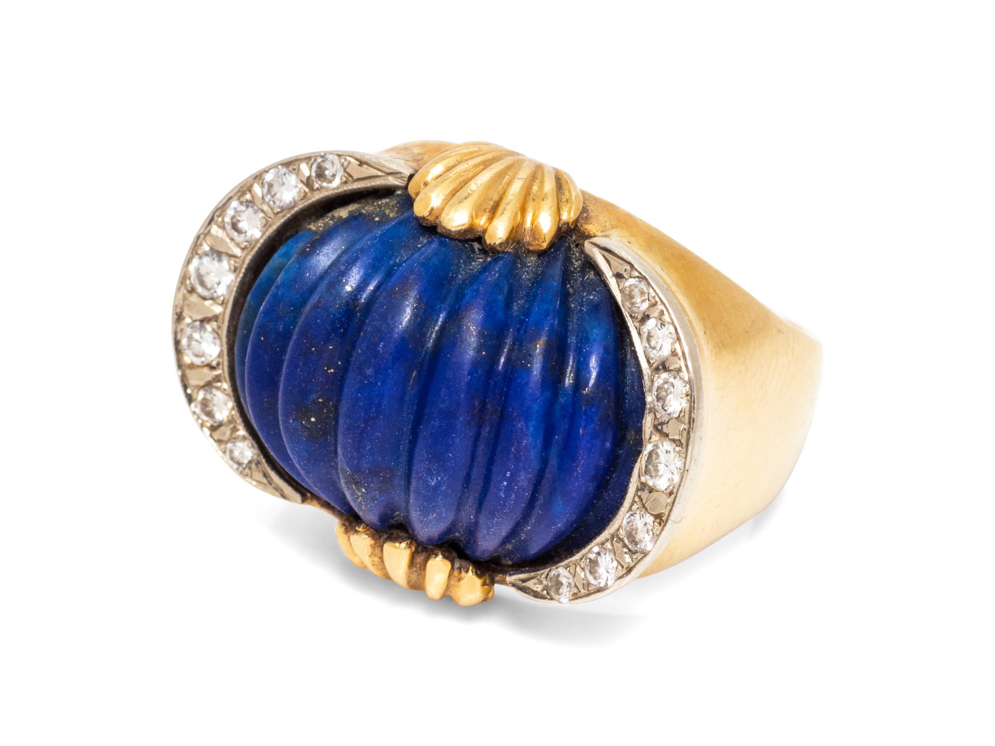 An 18 Karat Yellow Gold, Lapis Lazuli and Diamond Ring,