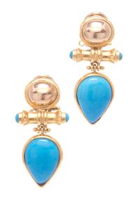 A Pair of 18 Karat Yellow Gold and Turquoise Earclips, 11.70 dwts.