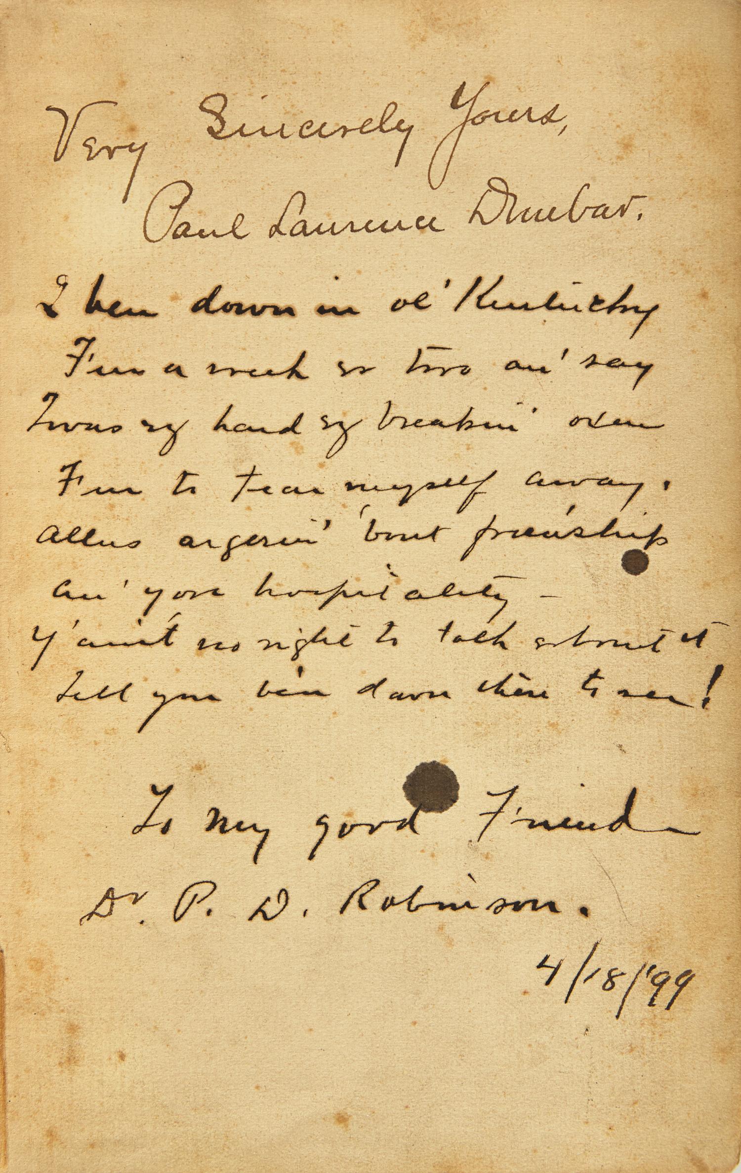 [African-Americana] Dunbar, Paul Laurence. Collection of 3 Inscribed Books and 4 Autographed and Typed Letters, signed