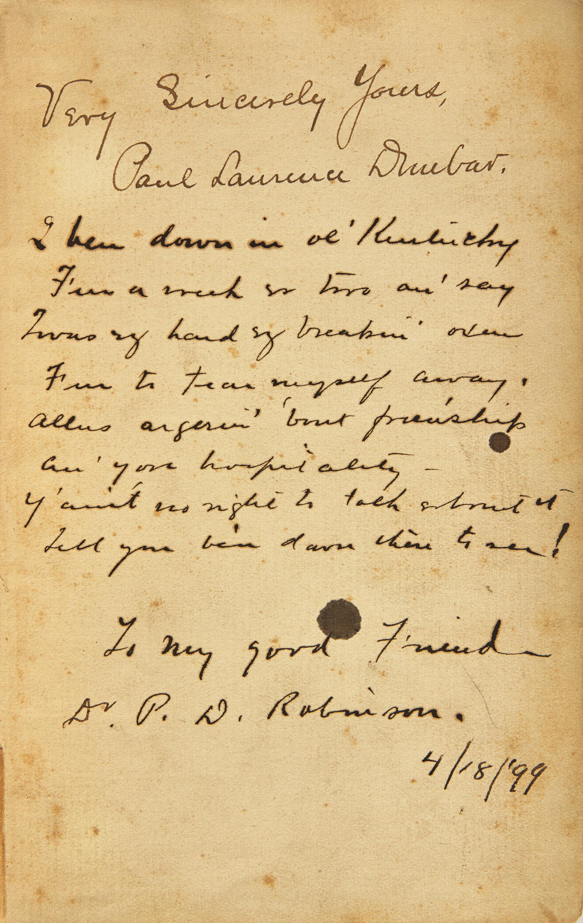 [African-Americana] Dunbar, Paul Laurence. Collection of 3 Inscribed Books and 4 Autographed and Typed Letters, signed