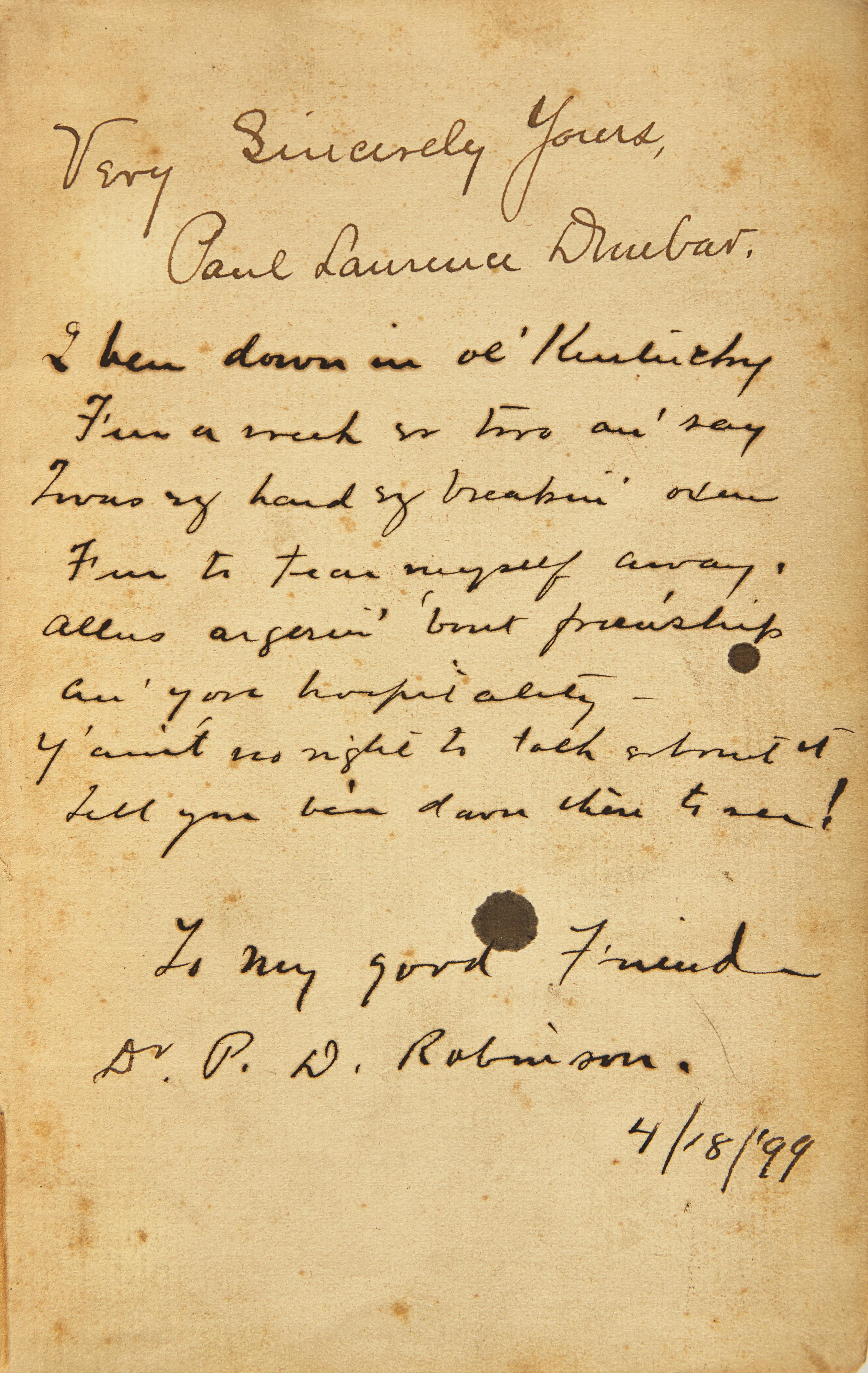 [African-Americana] Dunbar, Paul Laurence. Collection of 3 Inscribed Books and 4 Autographed and Typed Letters, signed
